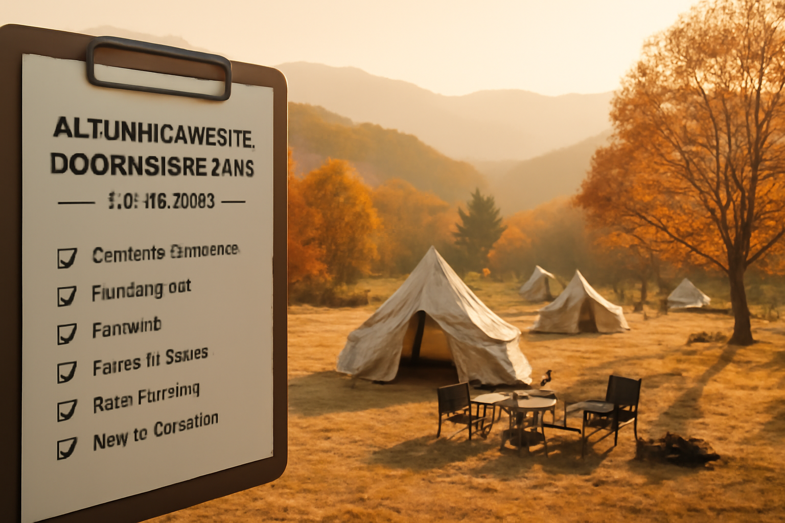 スノーピーク韓国の予約チェックリストを想起させる朝のキャンプ場の風景、広角で撮った俯瞰写真