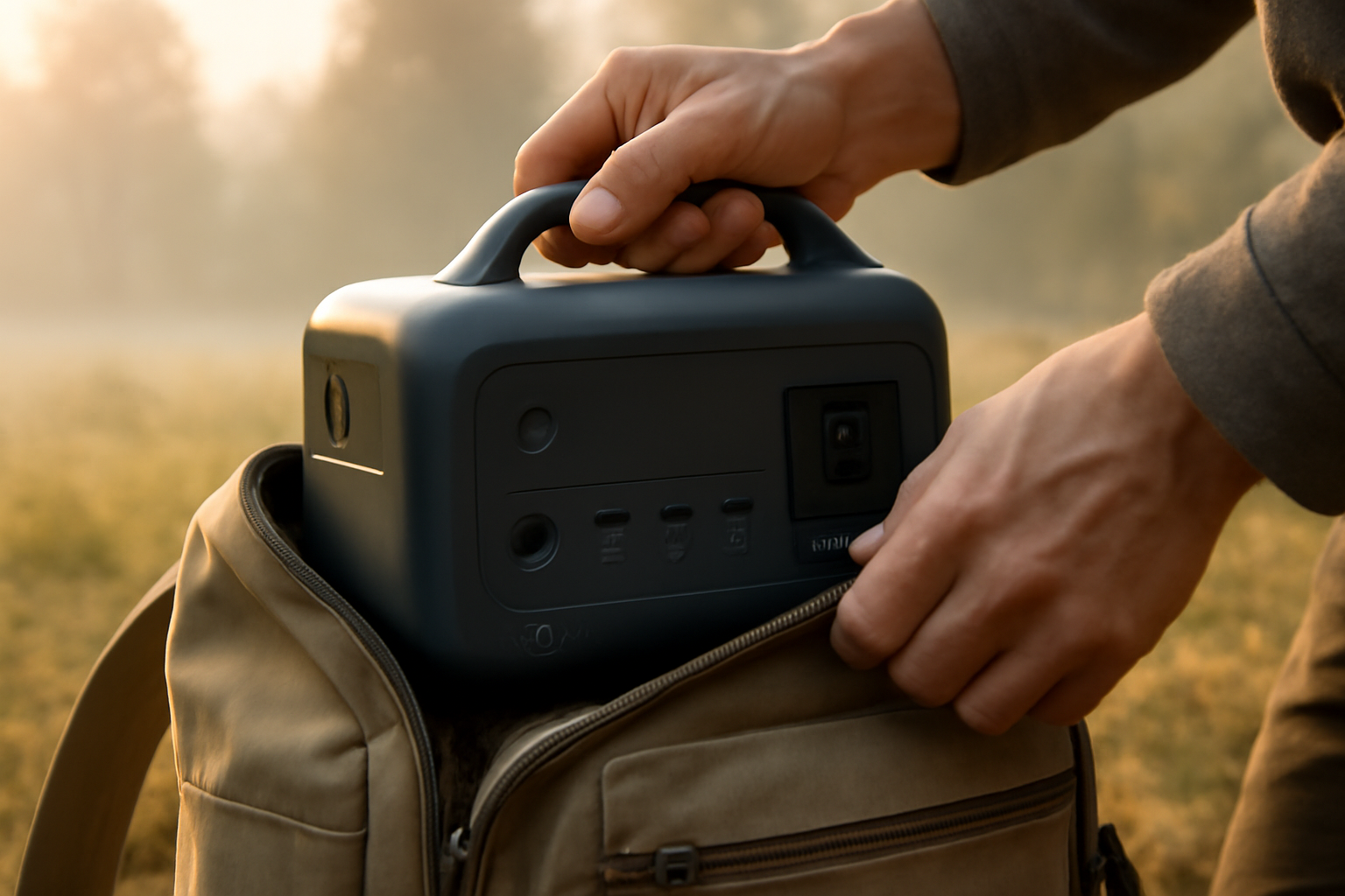 ネストアウト700Nが秋の朝霧の中でパッキングされる様子を近接で撮った写真、柔らかい朝の光で機器の操作感を示す構図です。