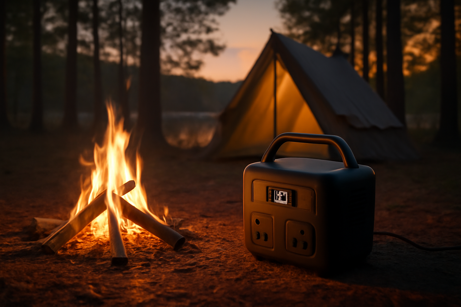 ネストアウト700N:夕暮れの焚き火そばに置かれたポータブル電源を温かい光で表現した写真、家族やソロキャンプの安心感を伝える