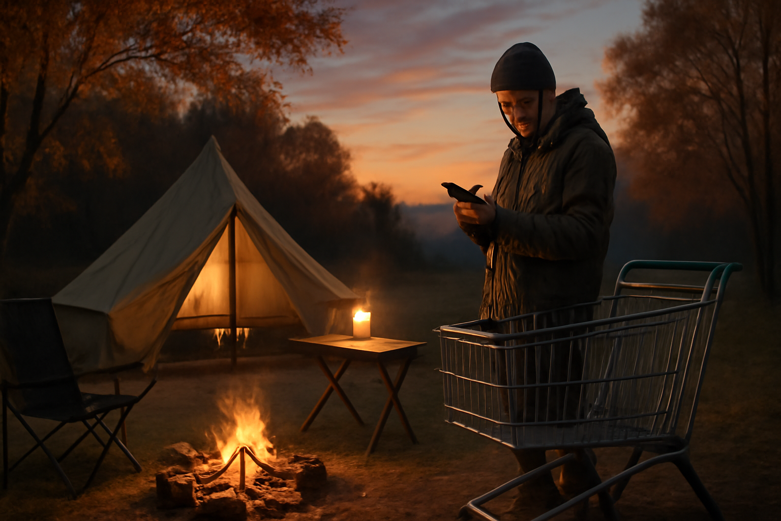 プライム感謝祭セールを確認する様子を表す夕暮れキャンプ、買い物準備と落ち着いた雰囲気を伝える構図で描写