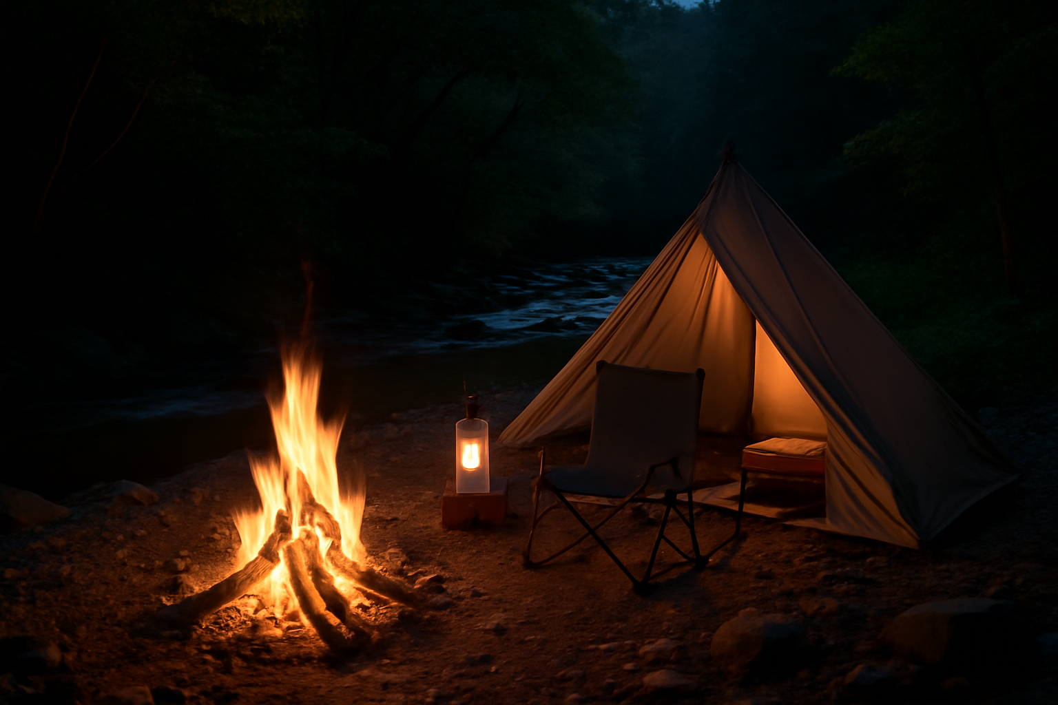 渓流沿いのソロキャンプサイトと焚き火の夜景