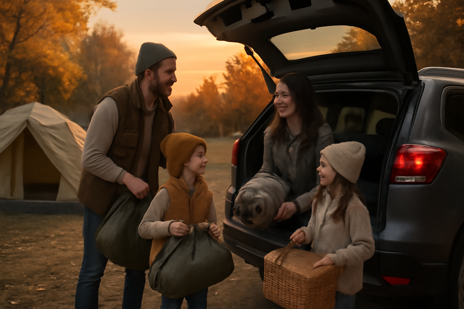 家族でキャンプ計画：秋の夕暮れ、車から道具を降ろして笑顔で準備する家族の情景、柔らかい夕光