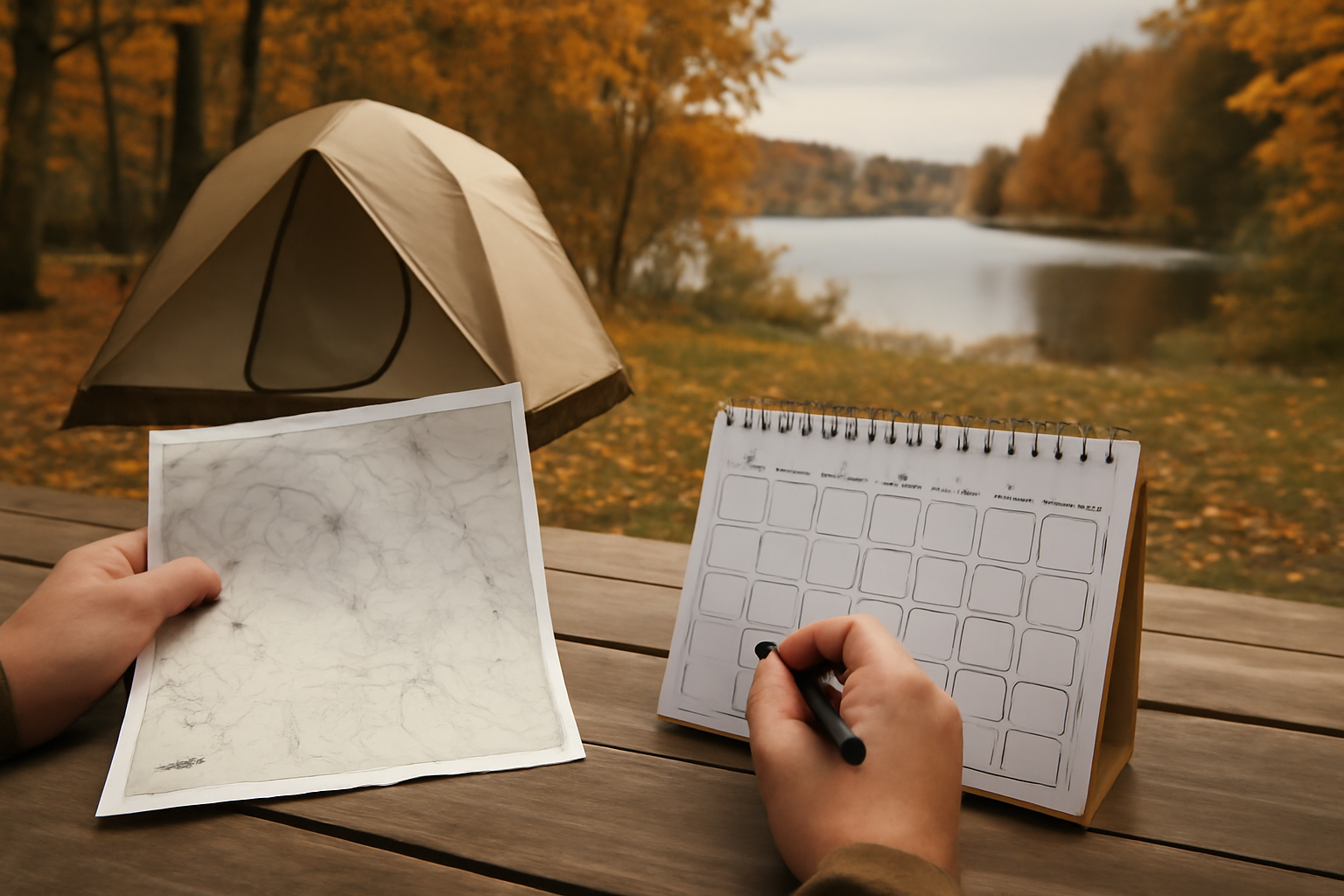 秋キャンプの予約を確認するシーン。天気図とカレンダーを見て平日を狙う準備の写真、落ち着いた朝の雰囲気で