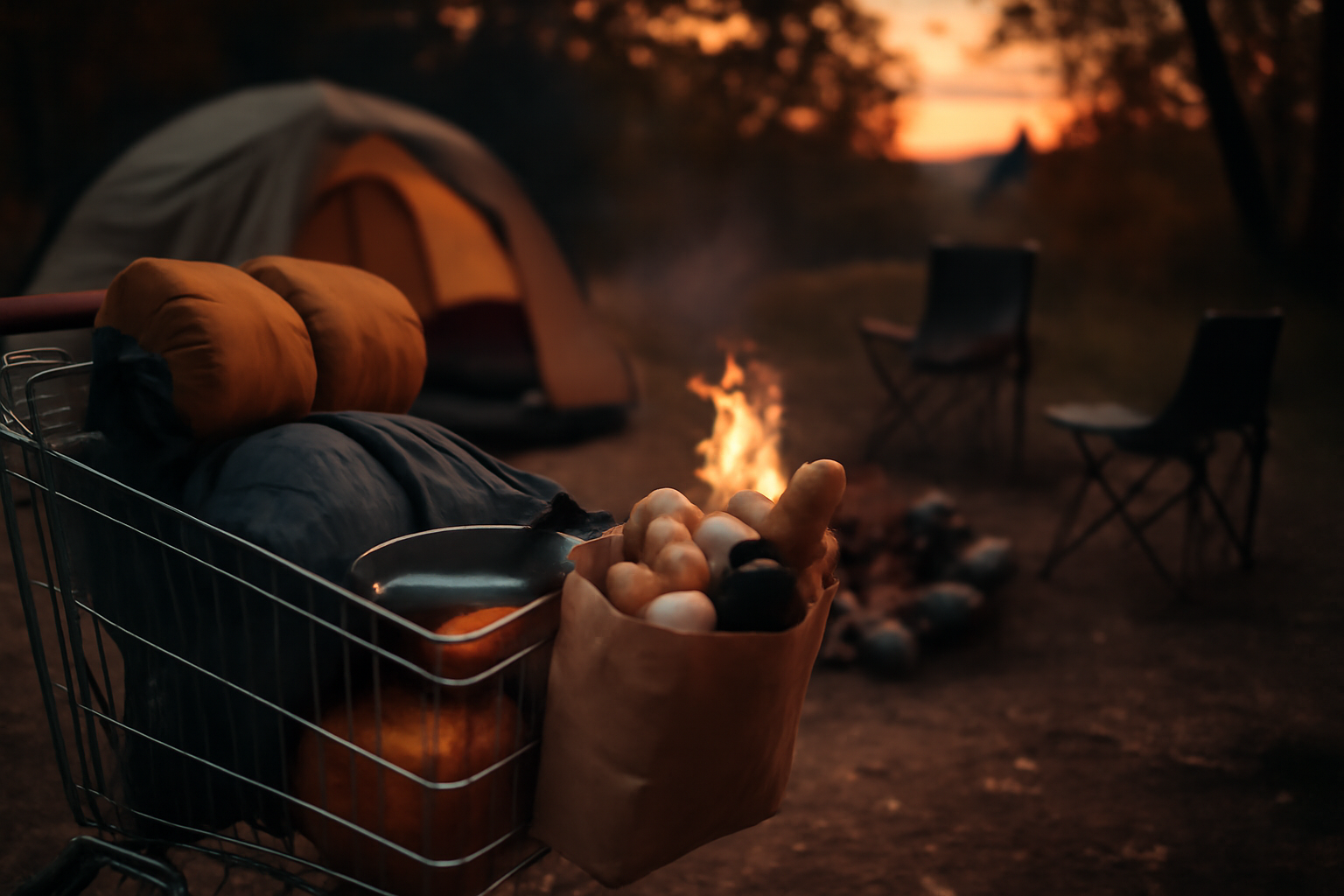 プライム感謝祭セールの候補をカートに入れて待つ場面を想像した写真。秋の薄暮、キャンプサイトでの決断前の一瞬を表現します。