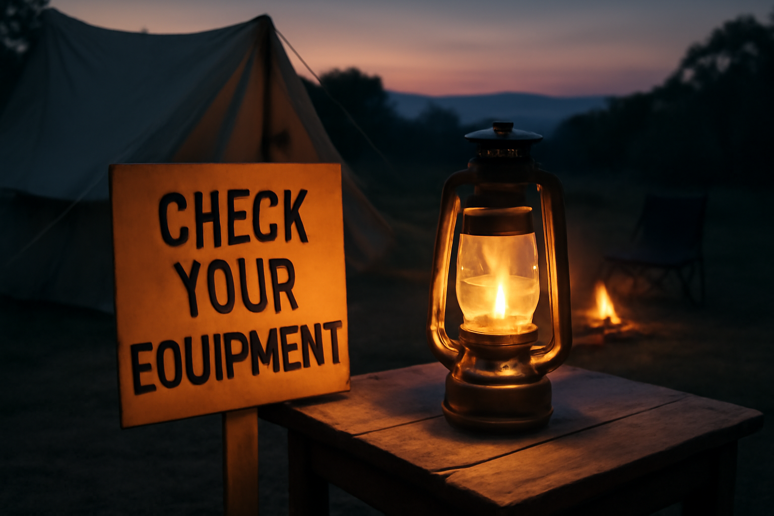 屋外カメラセールの次の行動を促すイメージ: 夕暮れのキャンプ場でランタンのそばに設置品チェックを促す情景を描写した写真。