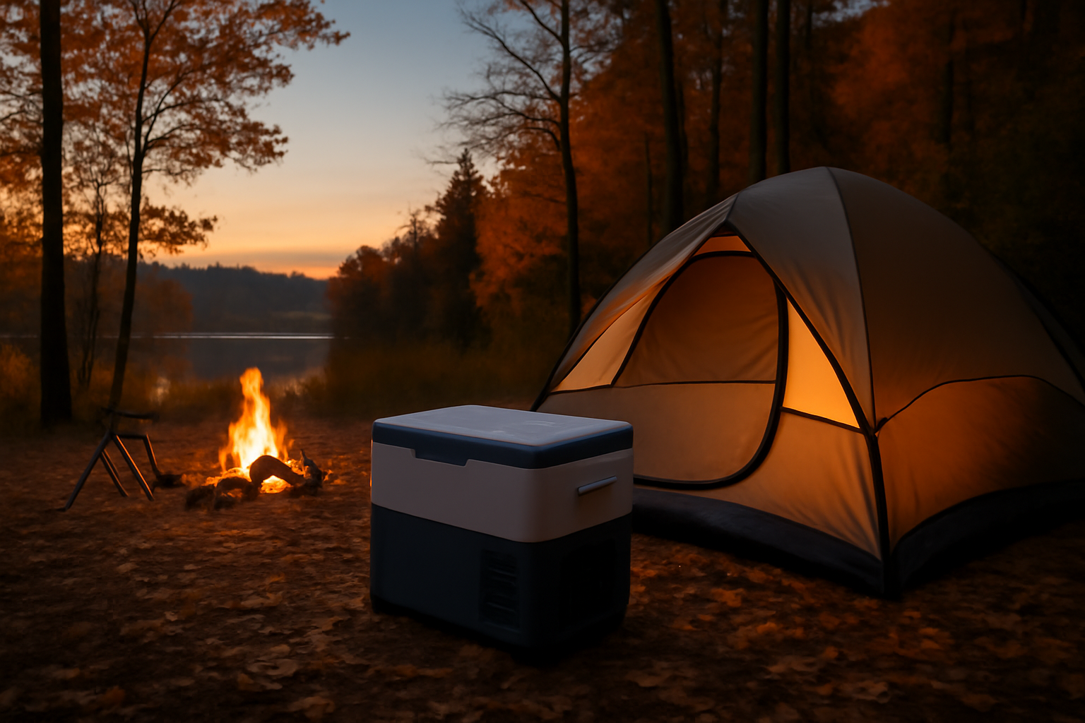 ポータブル冷凍庫：在庫や電源の心配をするキャンパーに向けた夕暮れのキャンプ場での使用イメージを広角で描写