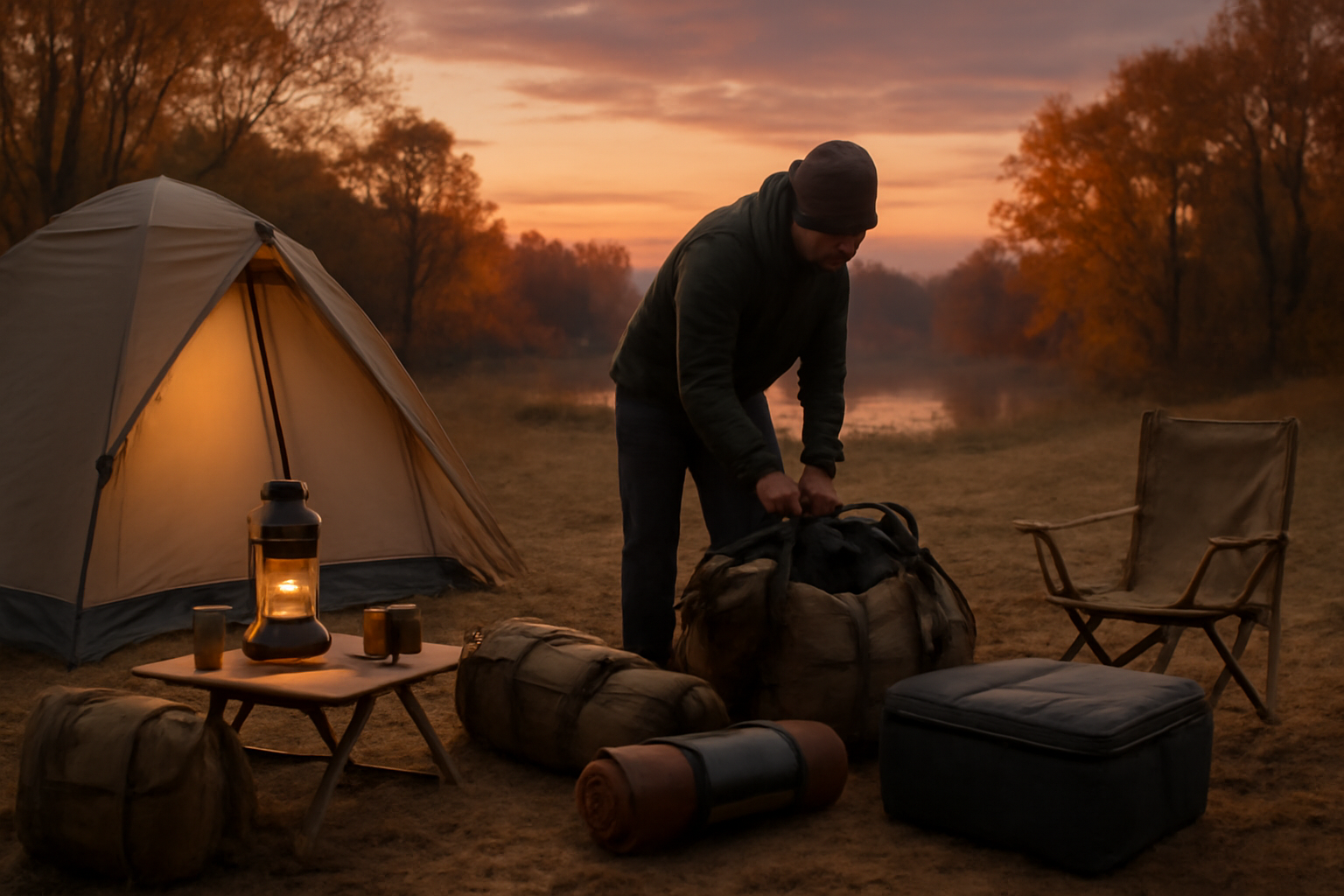 なにわ淀川花火：観戦後の撤収を促すエディターノートの行動イメージ、秋の夕暮れで荷物をまとめる様子
