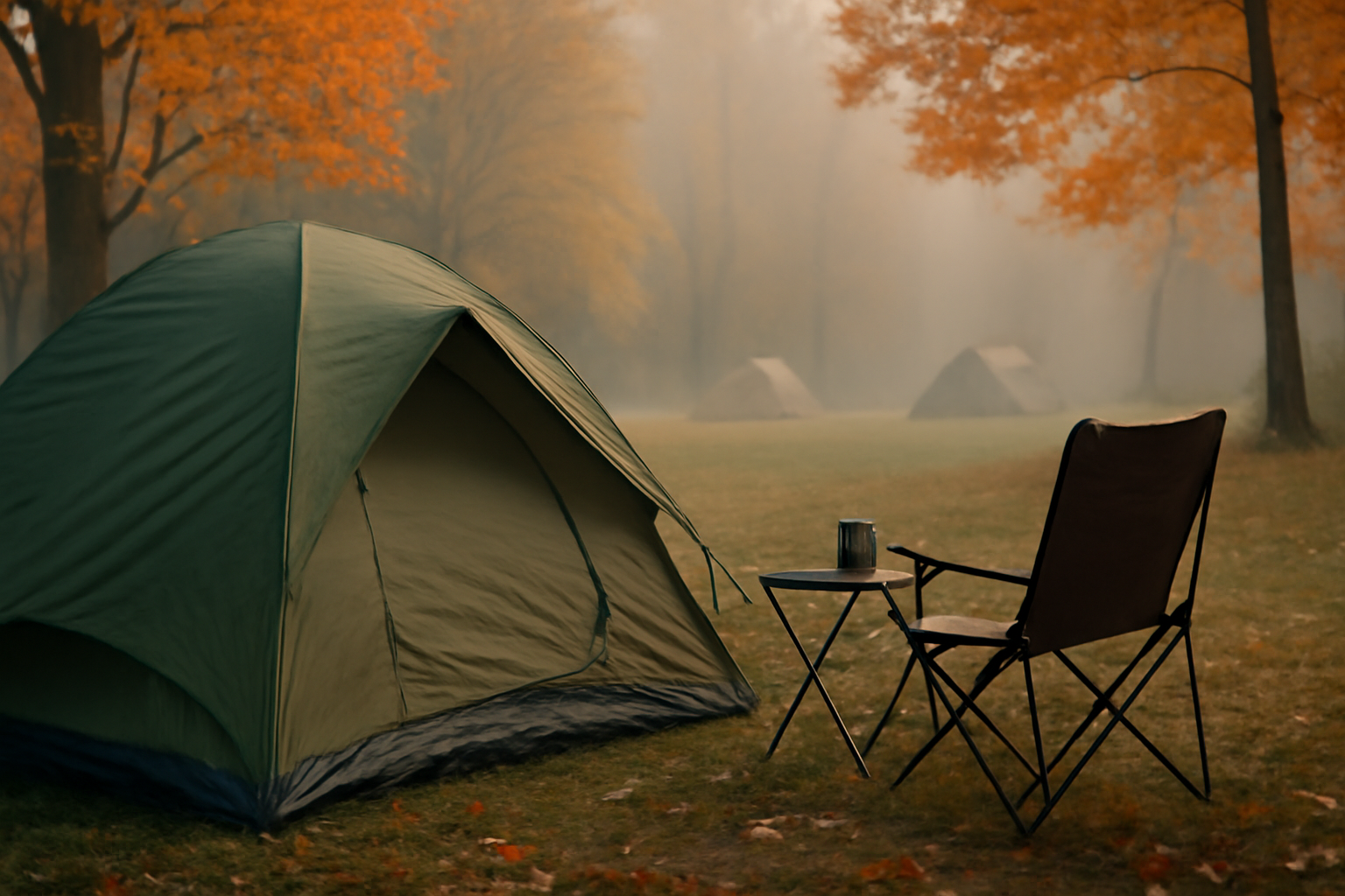 プライム感謝祭で気になる在庫対策をイメージした朝のキャンプ場の静かな一瞬。購入の決断を促す落ち着いた雰囲気の写真。