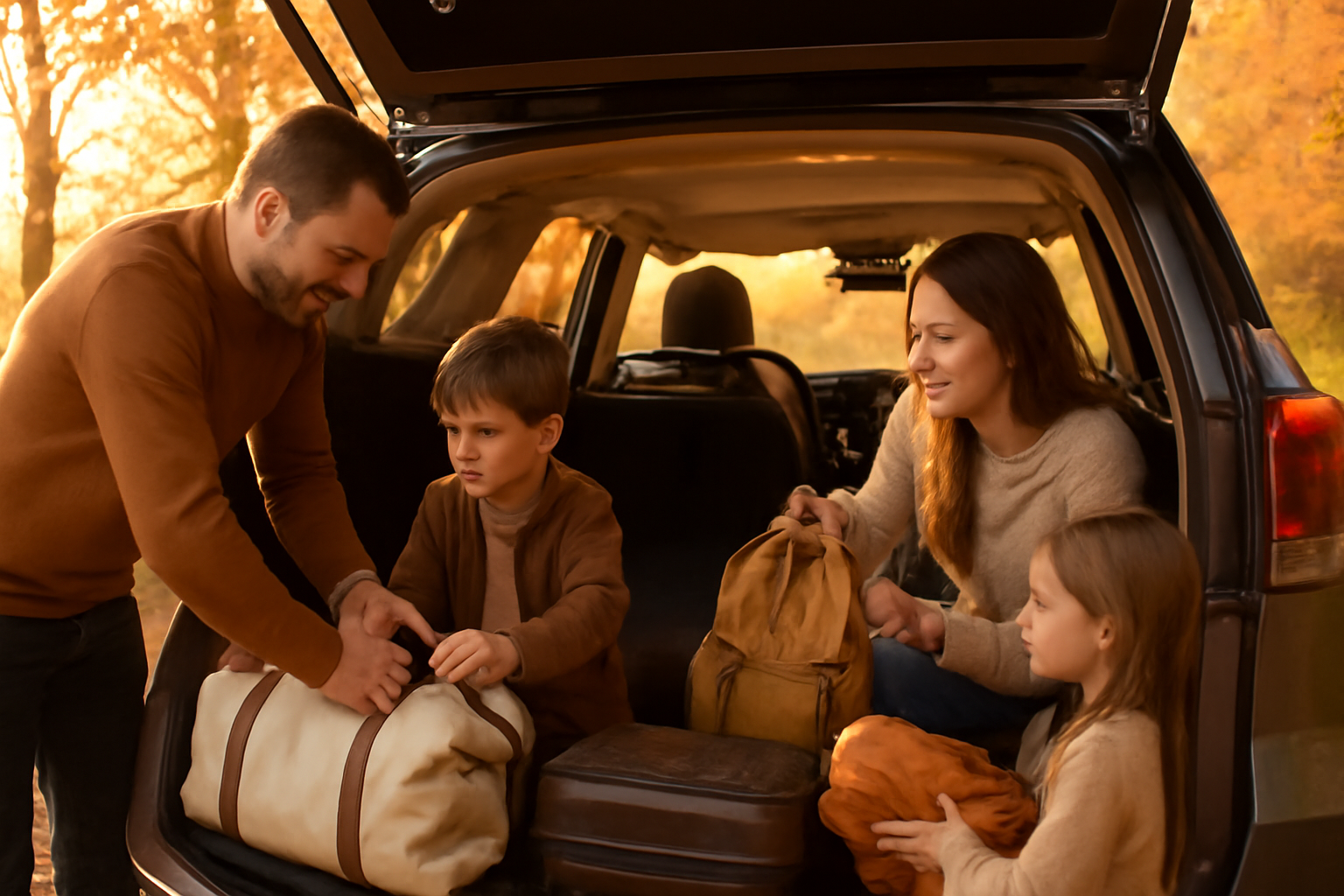 後席フルフラットを使って家族が荷物を詰める秋の午後、柔らかな夕暮れ光の広角写真