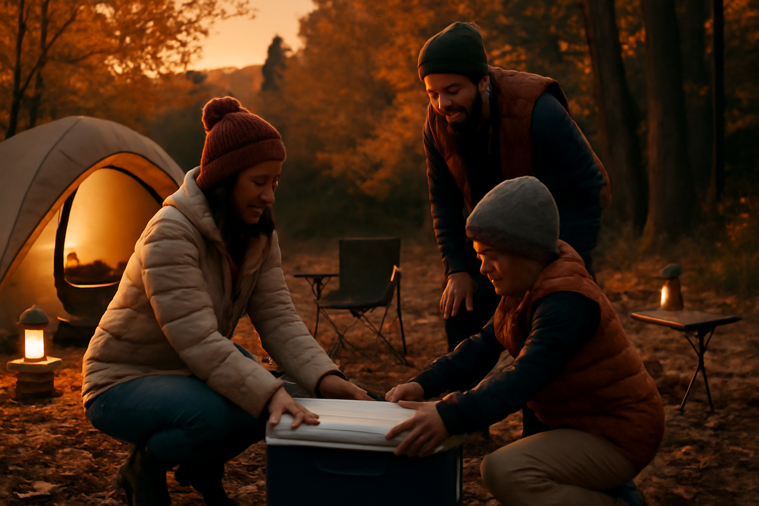 コールマンセール速報：夕暮れのキャンプ場でクーラーボックスを準備する家族の実写的な風景、秋の夕暮れ