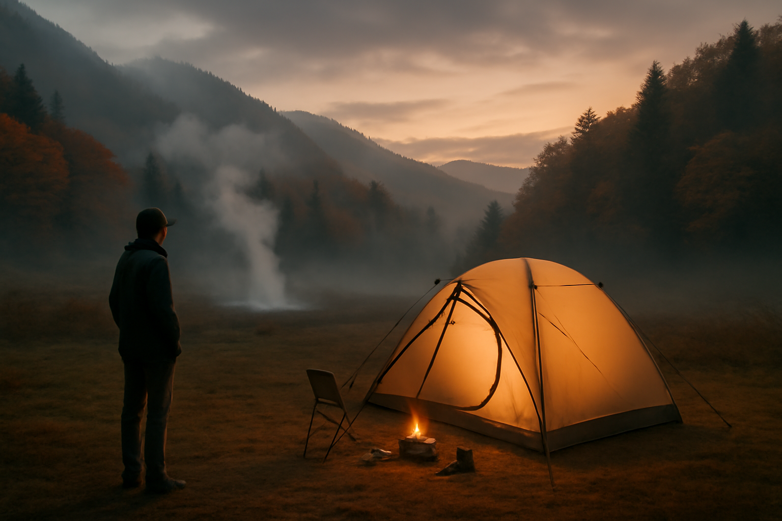 スノーピーク:秋の夕暮れ、温泉近くのキャンプ場で雨予報を気にするソロキャンパーがテントを眺める情景を広角で描く