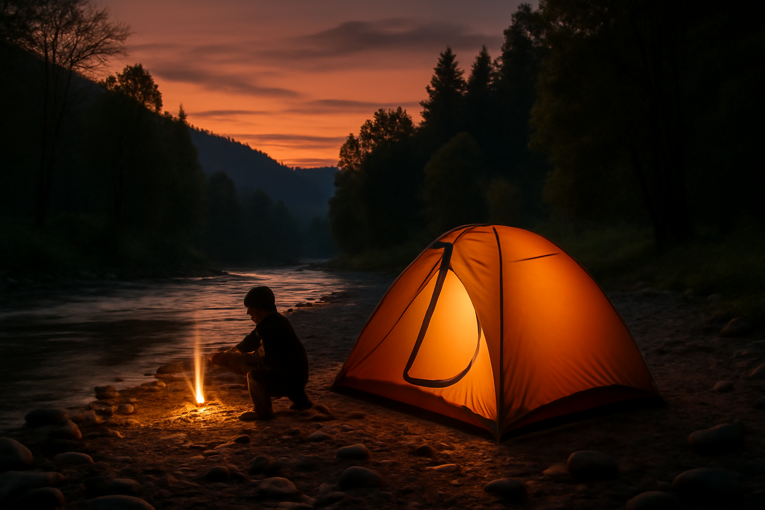 渓流フライ体験記：夕暮れの河原で小さなテントと焚き火を囲むソロキャンパーの情景