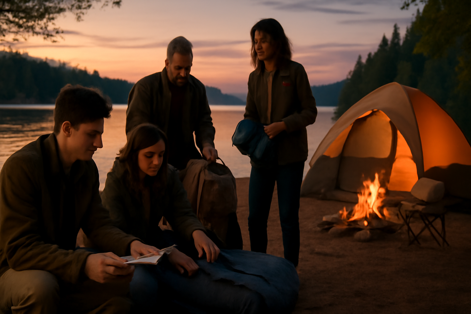 棍棒飛ばしの体験後に次回の予約を考えるアウトドア風景。湖畔で夕暮れに話し合う家族の様子を広角で捉えた写真