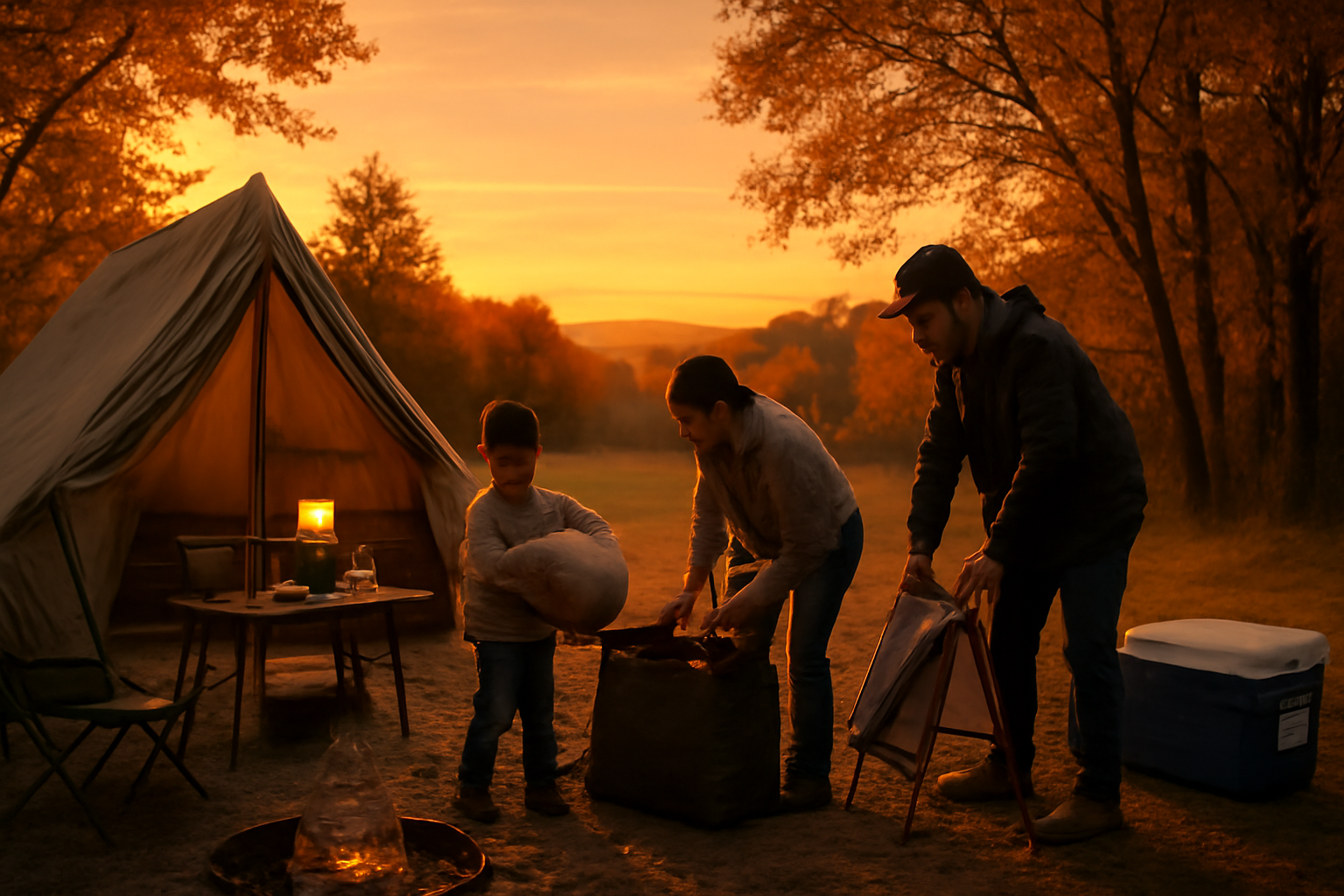 讃岐まんのう公園で家族が夕暮れに片付けをする様子、温かい光が差す風景
