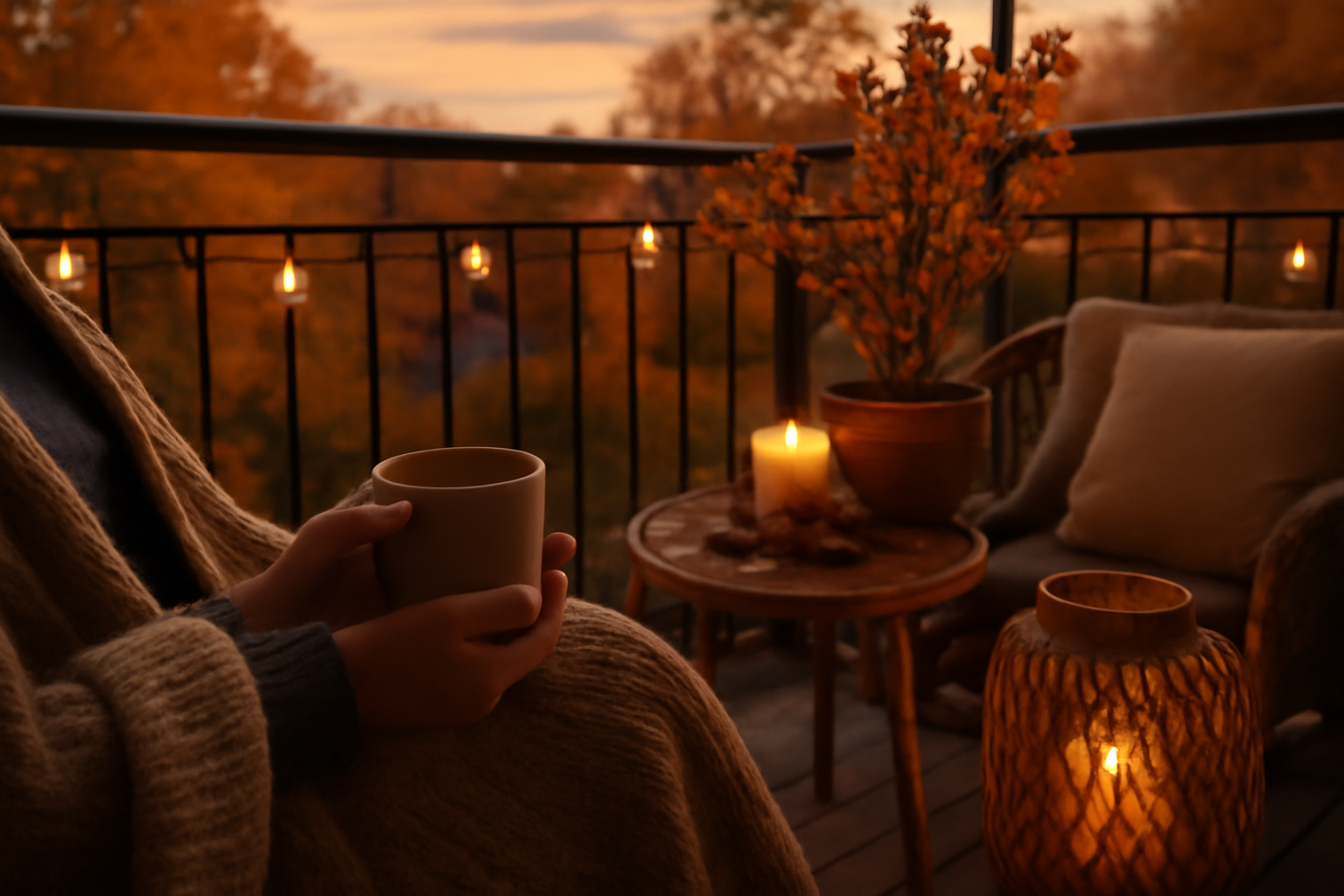 ベランピング快適術：エディターノートの提案を象徴する、秋のベランダで夕暮れにコーヒーを手にする穏やかな情景。