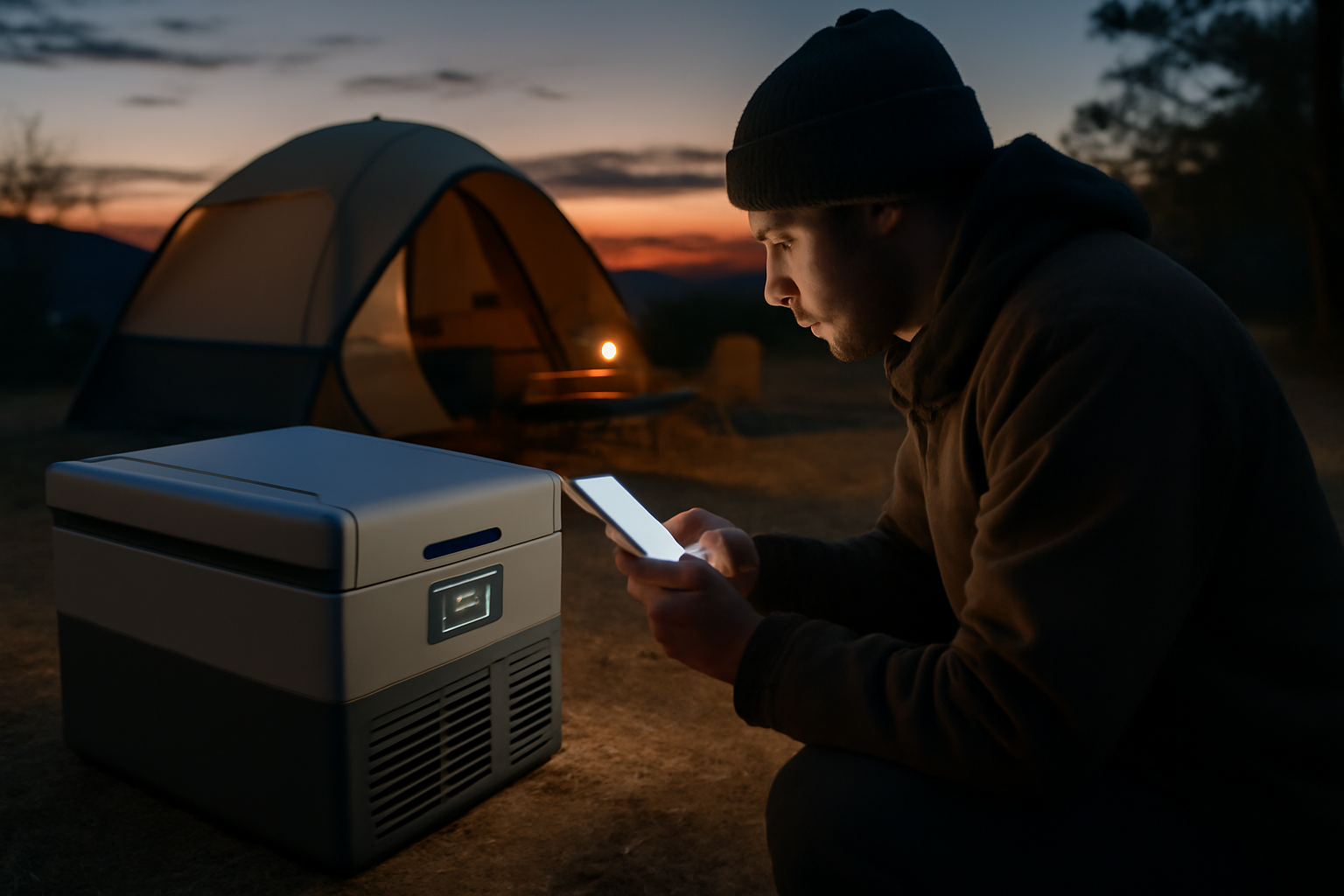 冷凍冷蔵庫キャンプ：夕暮れのキャンプでスマホを見ながら仕様を確認する様子を広角で捉えたリアルな写真、実用感を強調