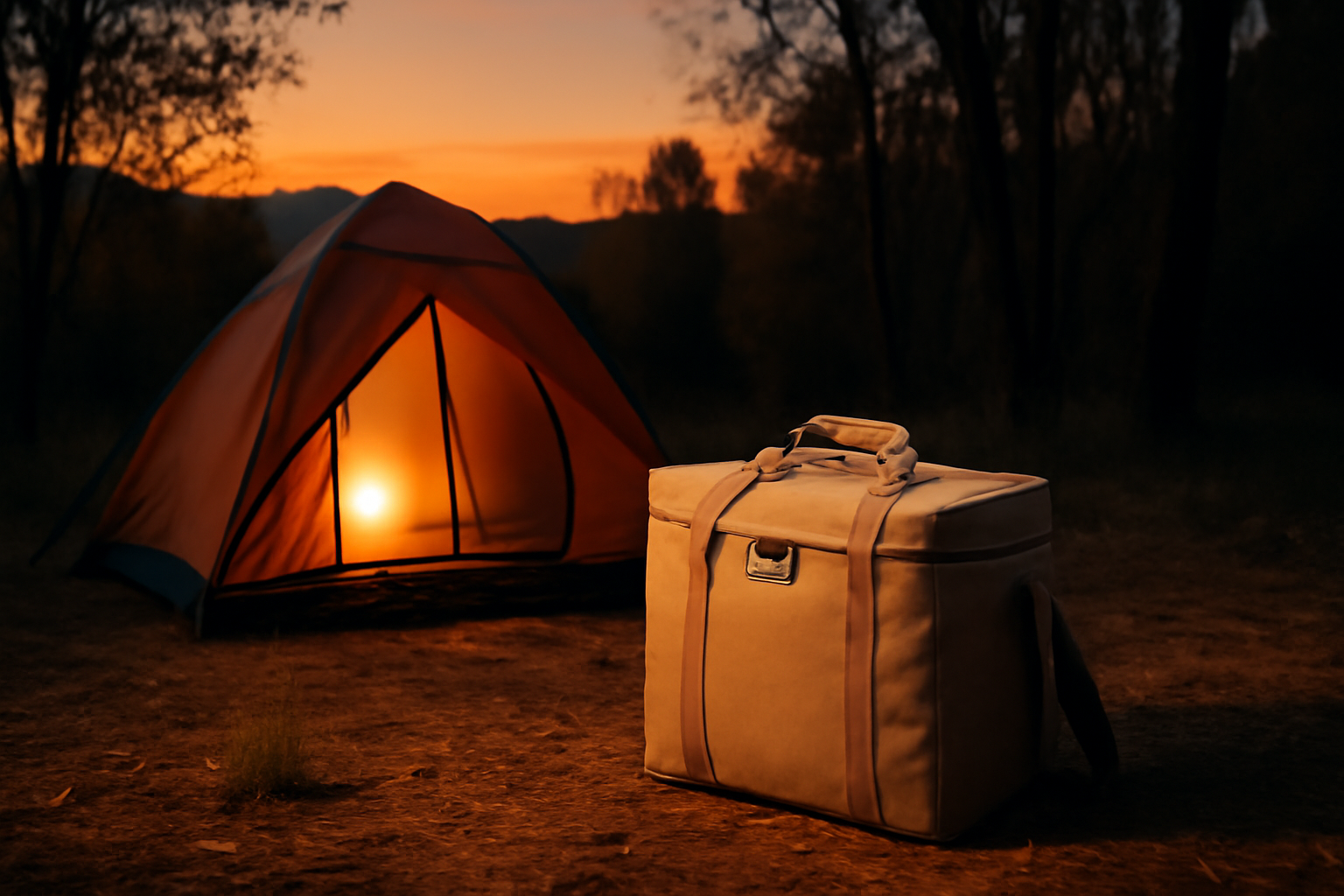 ニトリ保冷バッグをイメージした差し込み画像、秋の夕暮れのキャンプサイトで保冷バッグが置かれた風景