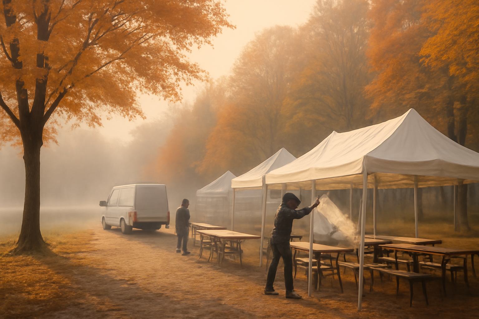 いがしらリゾート秋祭での準備を促す情景。井頭公園の朝もやと設営風景が穏やかに広がるイメージ写真。