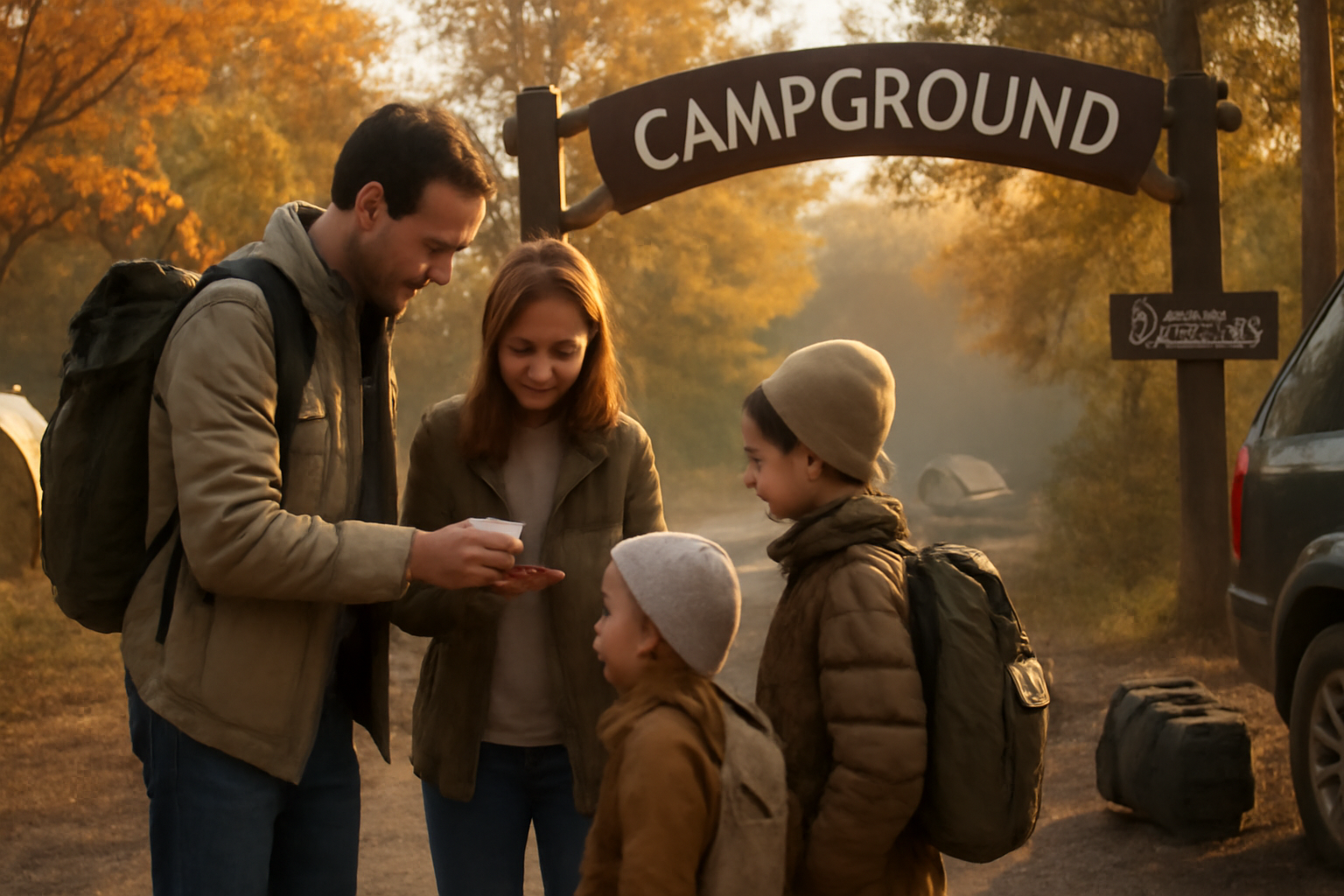 電車キャンプ：予約を確認する家族、秋の朝、キャンプ場の入口で出発準備をする風景