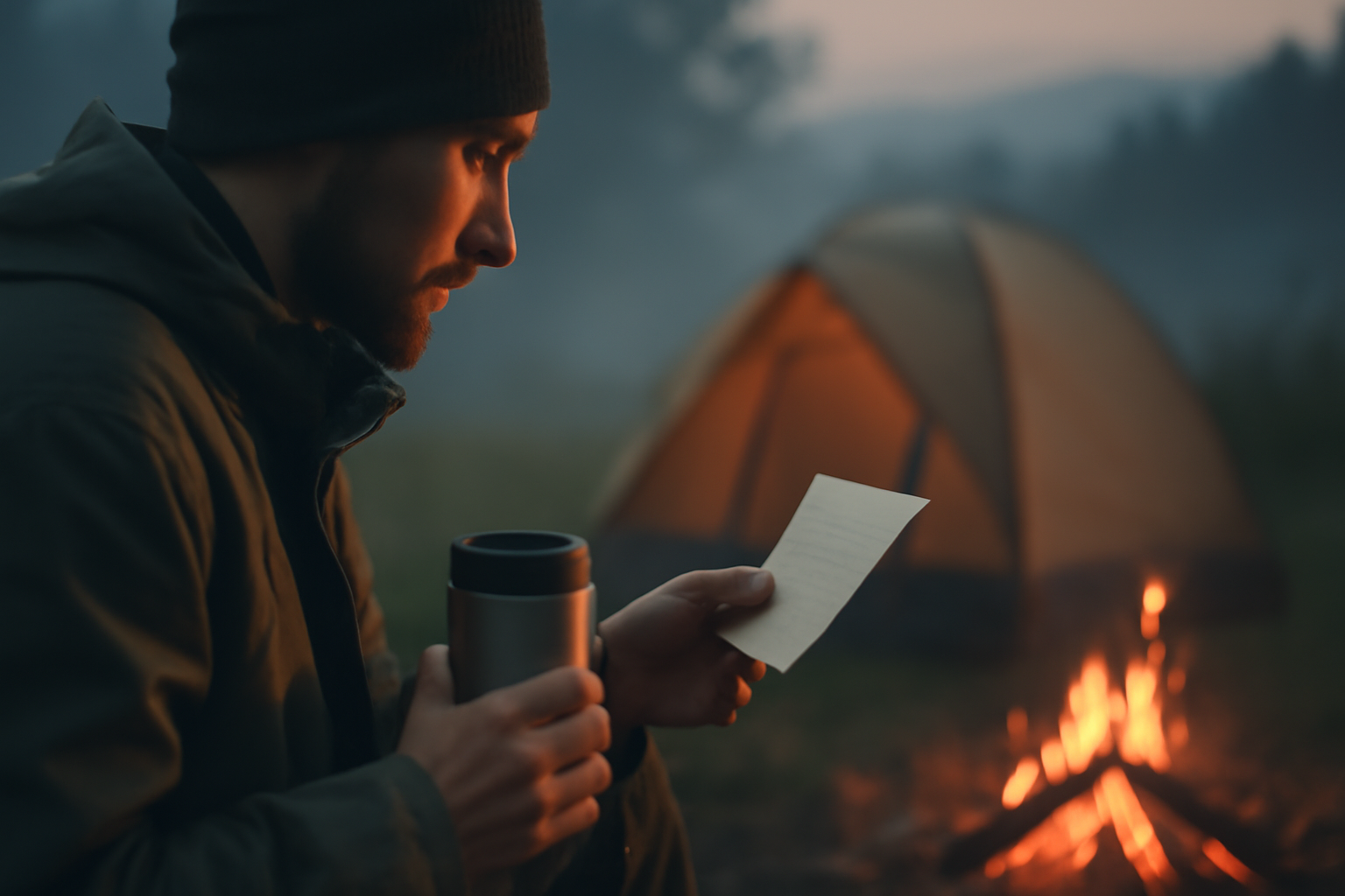 WENSタンブラーを手にしたキャンパーが夕暮れのキャンプで次の準備を促す場面、穏やかな雰囲気で描写