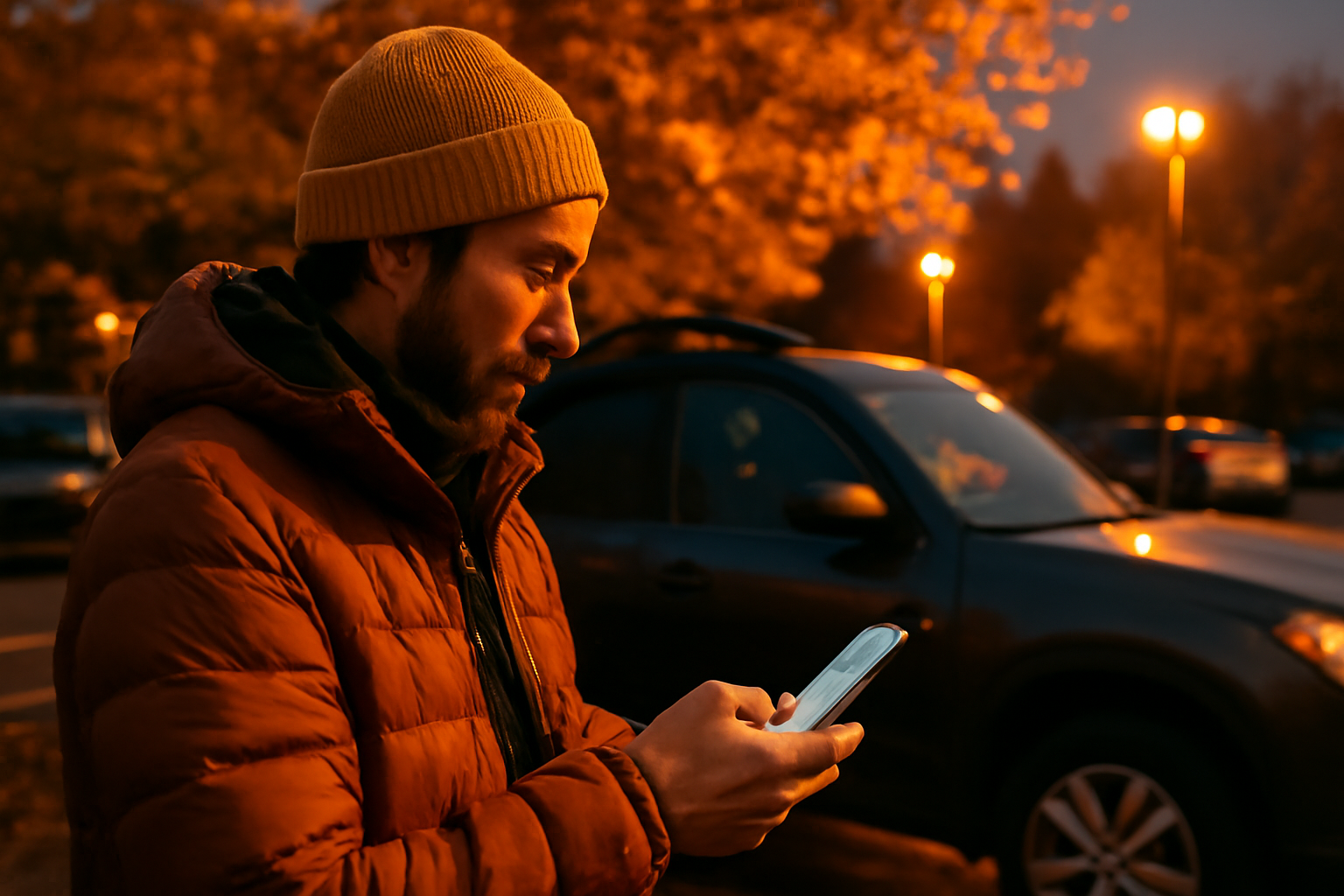 都会派キャンプ札幌で出発前に天候と道路情報を確認するイメージ、夕暮れの駐車場でスマホを確認する様子を示す代替テキスト。