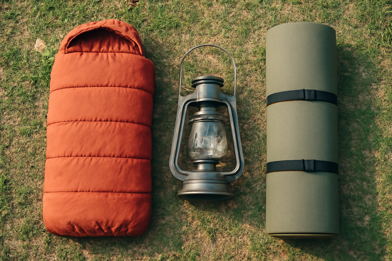 キャンプ用の持ち物が並んだ風景（寝袋・ランタン・マット）