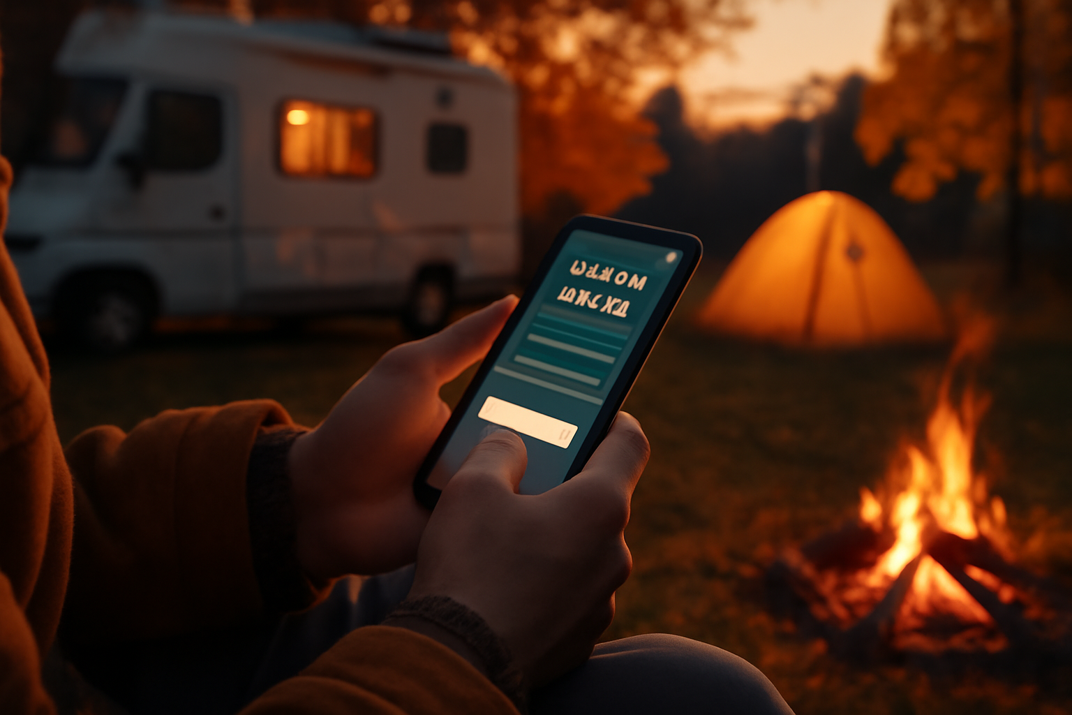 RVパーク大笹牧場で予約を確認するキャンパーの手元と夕暮れのサイト風景を描写。