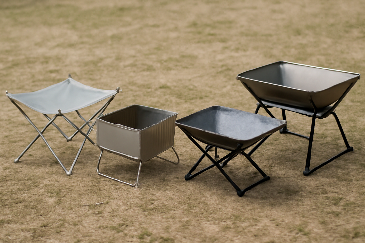 各タイプの焚き火台を並べた比較写真。折りたたみ式やスタンドタイプを含む