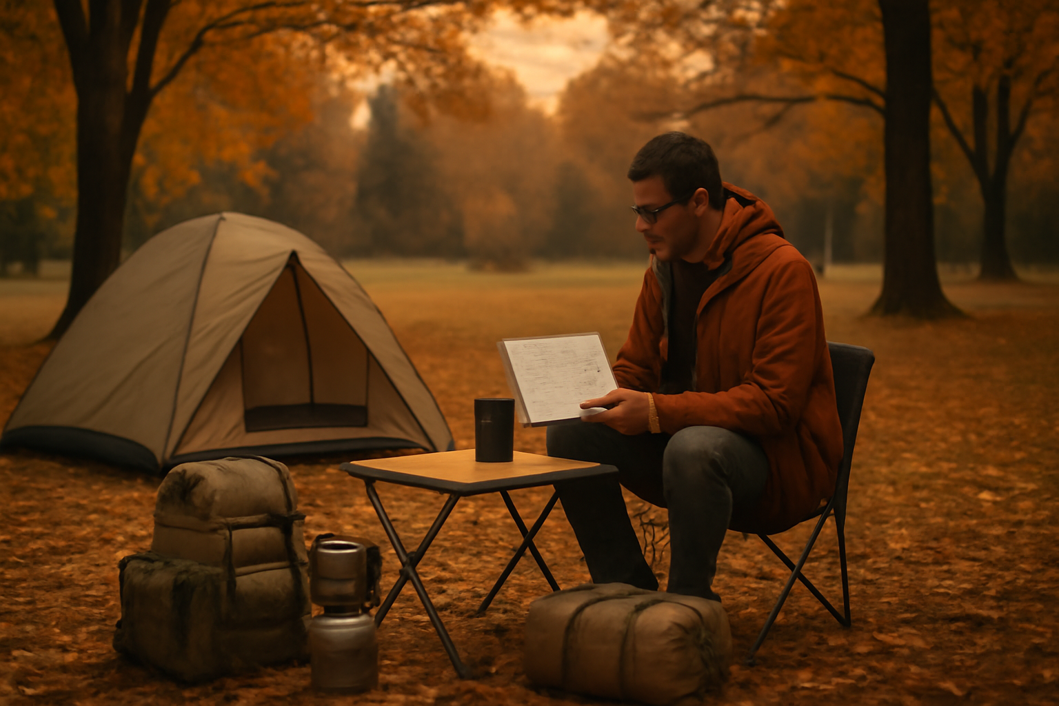 いがしらリゾートでの秋キャンプを念頭に、週末の予定を柔軟に決める準備を促すイメージ。夕暮れの静かな公園で装備を確認する場面。