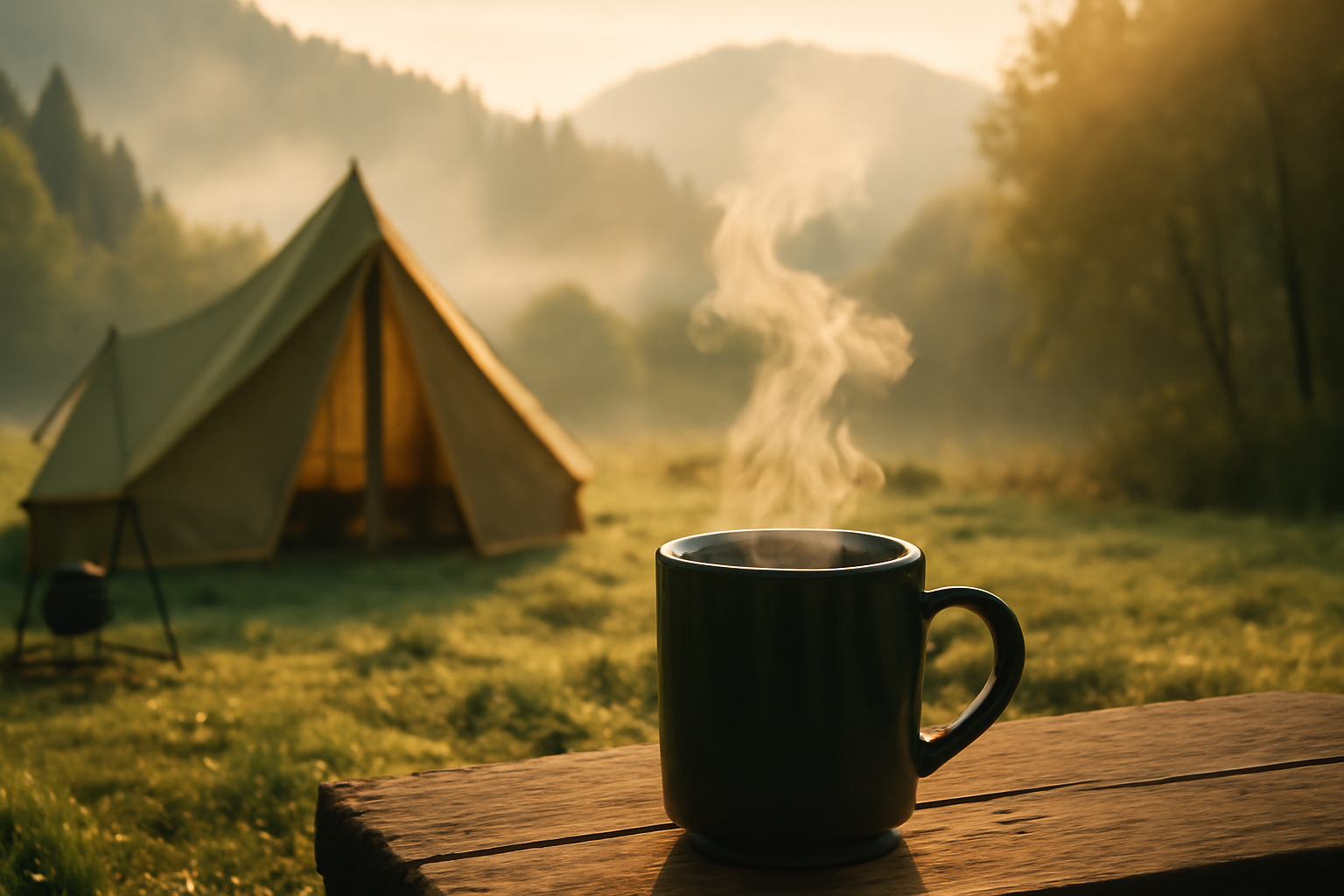 越後の朝に寄せる励ましの風景、朝霧の中で湯気立つマグカップと温かい光に包まれる情景で安心感を伝える