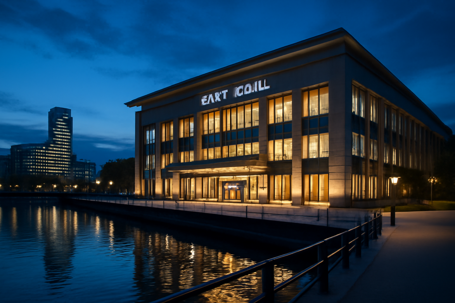 キャンピングカー 横浜ショー来場前のイメージ。夕暮れの会場外観と落ち着いた動線を意識し、混雑を避ける到着タイミングの参考に。