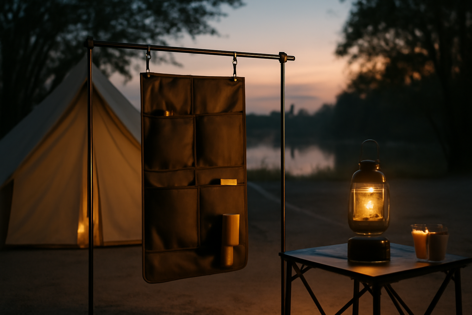 ロゴスパークで吊るしたツールケースが映える夕暮れサイト。安全距離を確保した配置で快適