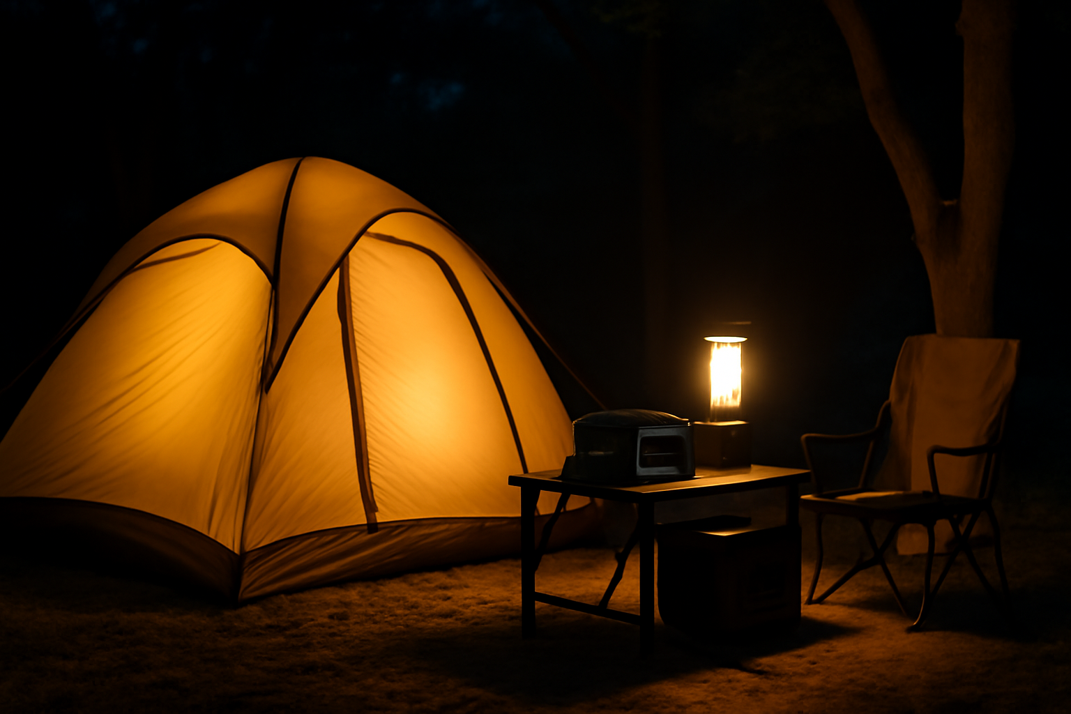 プライム感謝祭で購入した電源を安全に配置した夜のキャンプサイト。発光するテントと柔らかな灯りが印象的