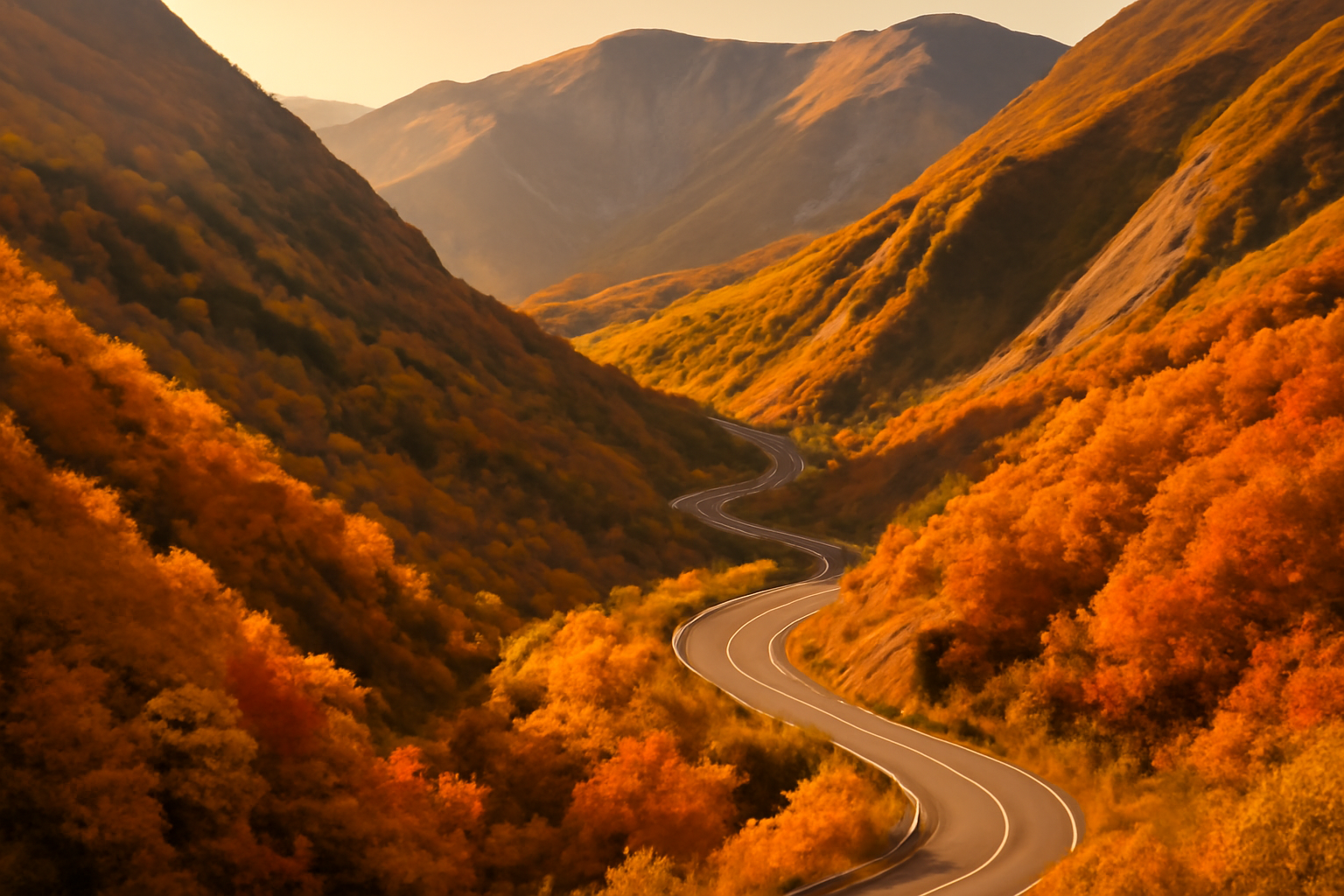 磐梯吾妻スカイラインの谷筋が黄金色に染まる夕刻の景色。紅葉の斜面と山肌のコントラストが美しい。