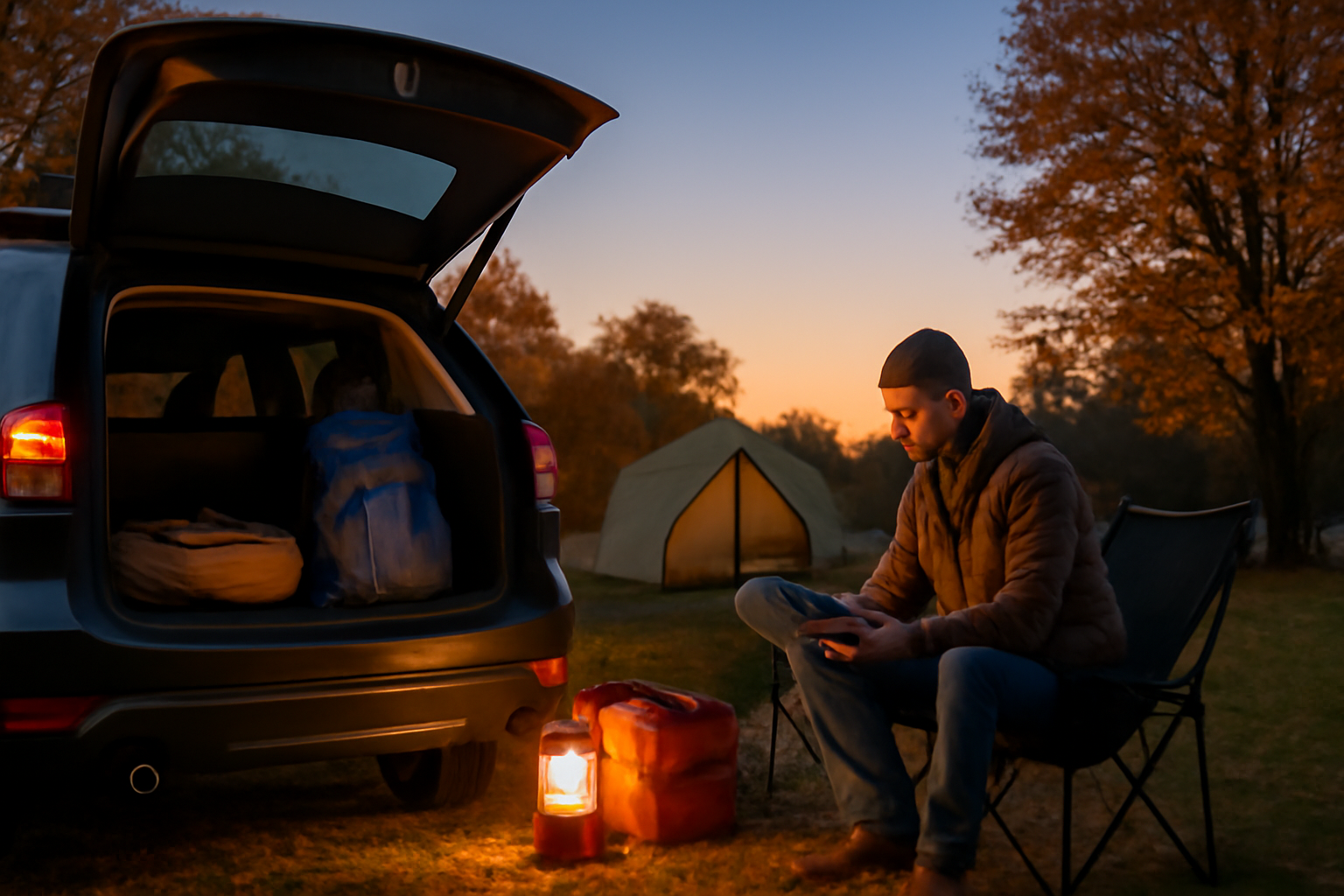 ムーンレンス最安を待ちながら、夕暮れのサイトでギアを検品。到着後すぐに組立確認して安心度を高める場面。