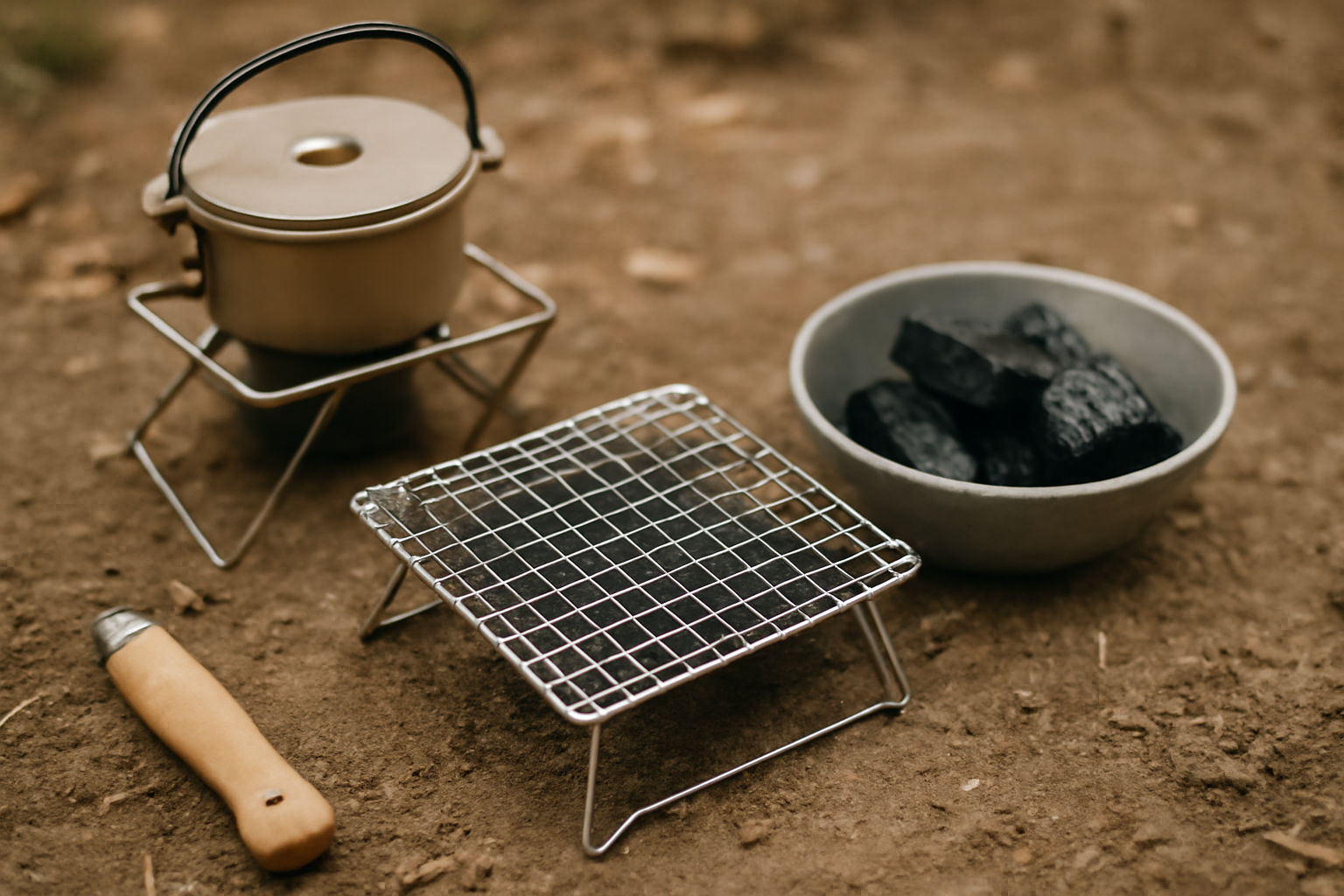 コンパクトな焼き網と炭が置かれたキャンプ調理風景