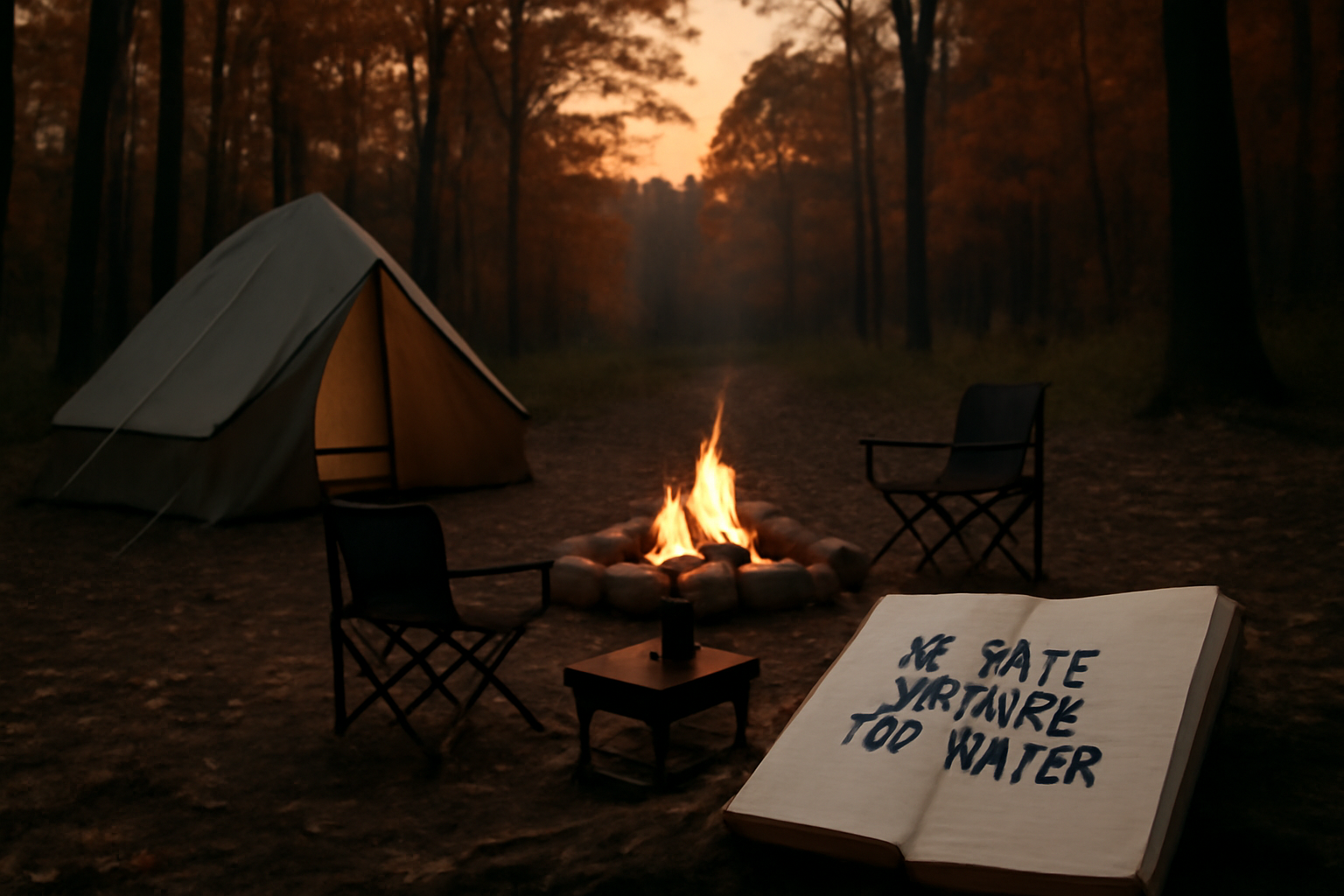 フォレンタ浜名区で安全を促すエディターノートの情景、秋の森と夕暮れの落ち着いた雰囲気を広角で