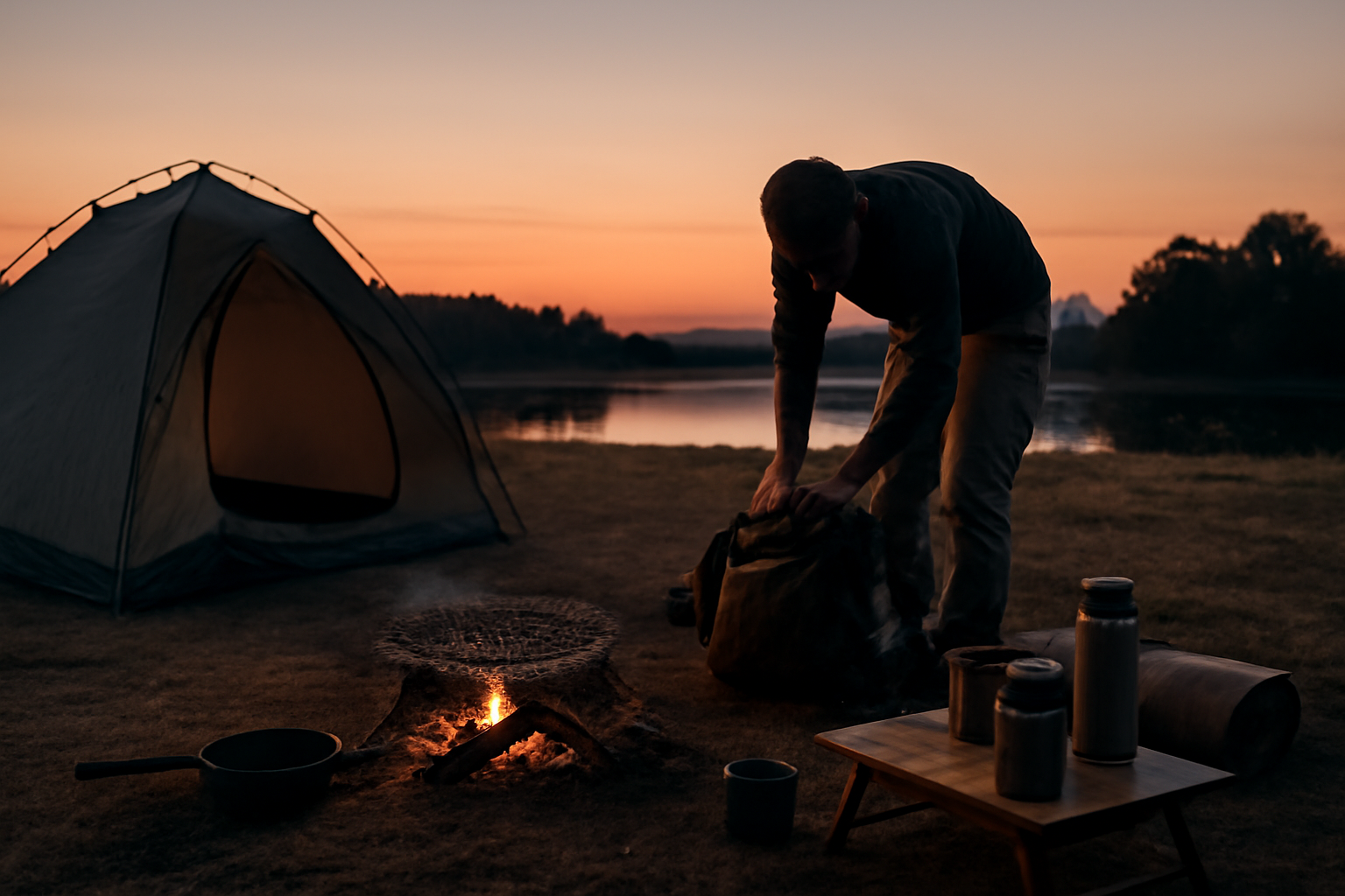 手のひら焼き網での調理を終え、装備を片付けて次の行動に移る様子を夕暮れのキャンプ場で描写した写真。