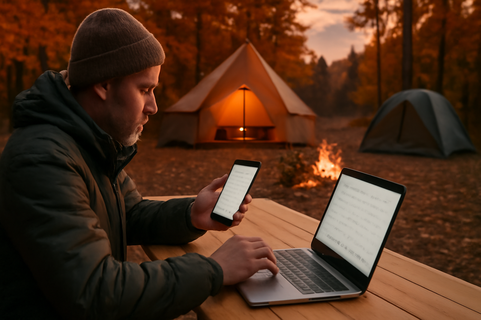 アルペン新作で在庫を確認する様子を夕暮れのキャンプ場で描いた写真、予約と在庫確認の場面を表現