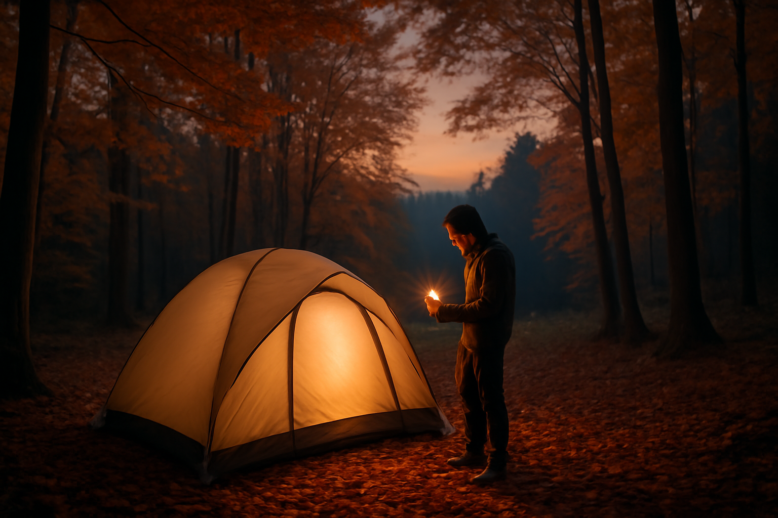 足音テント 夕暮れの森でライトをチェックするキャンプ場の穏やかな風景を広角で