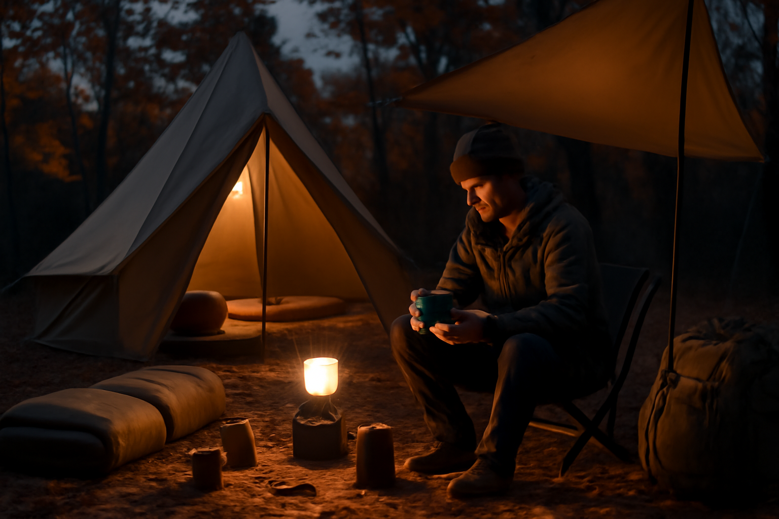 NESTOUTポンプで寒い夜の装備を見直す場面。夕暮れのキャンプサイトで静かに整える様子を写す写真