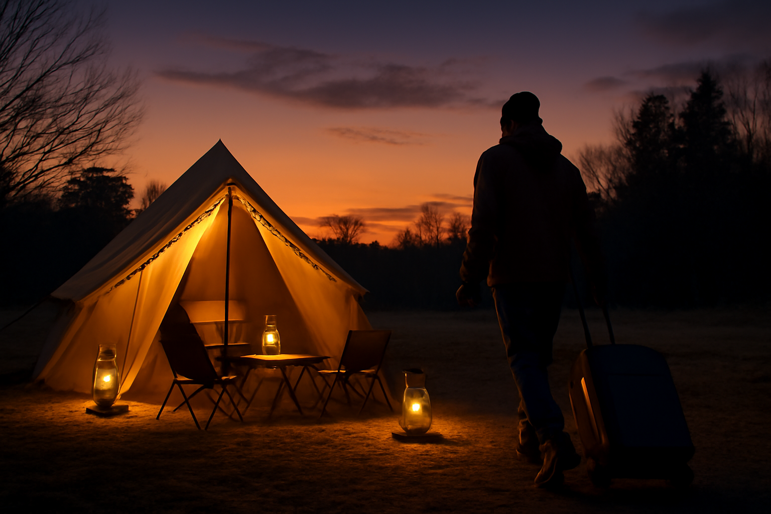 階段キャリーで出発前の夕暮れのキャンプ場、次の行動を促す準備シーン