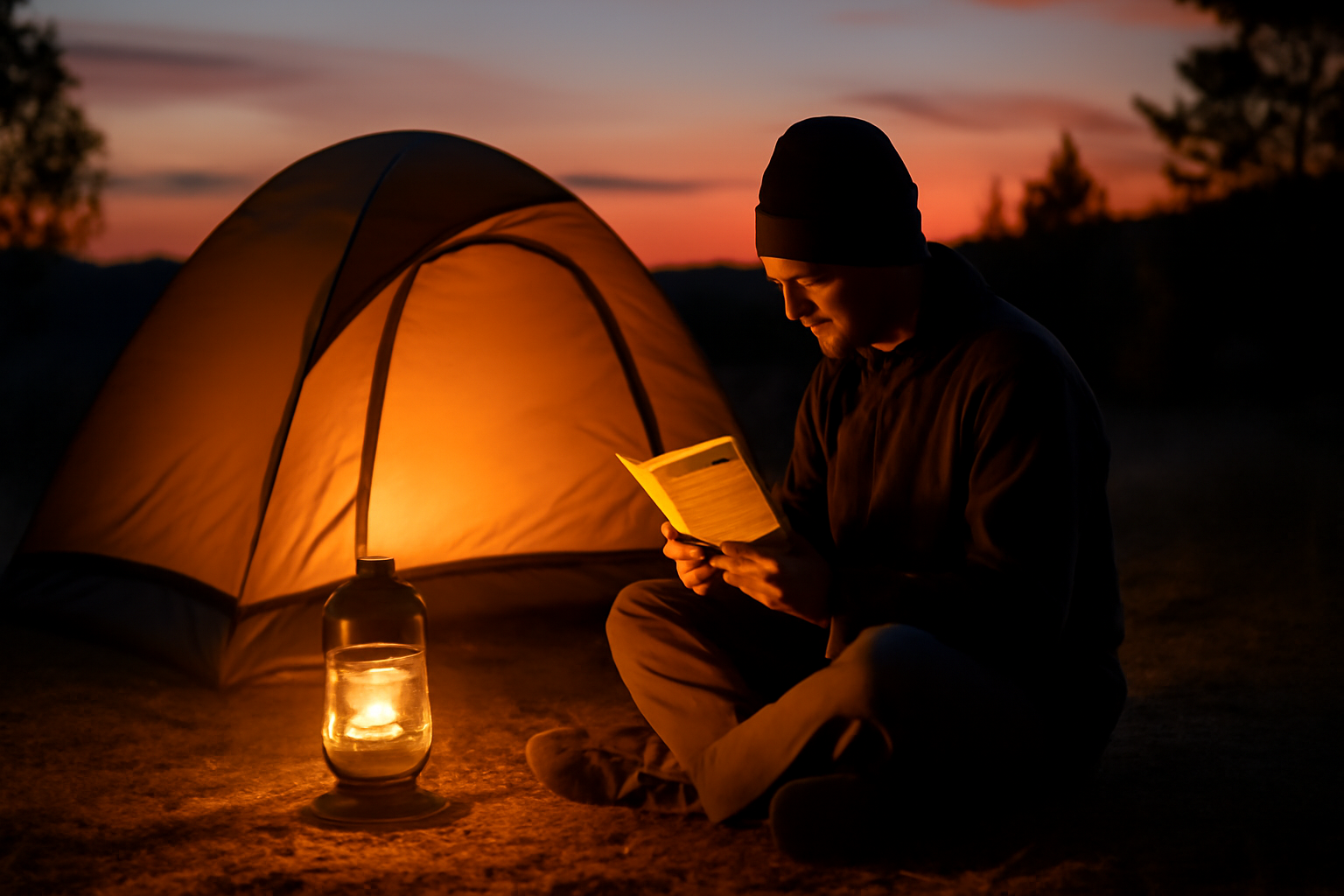 ネストアウトポンプの使用を試す前の心構えを表す夕暮れのキャンプ風景、温かい光で安心感を演出した写真