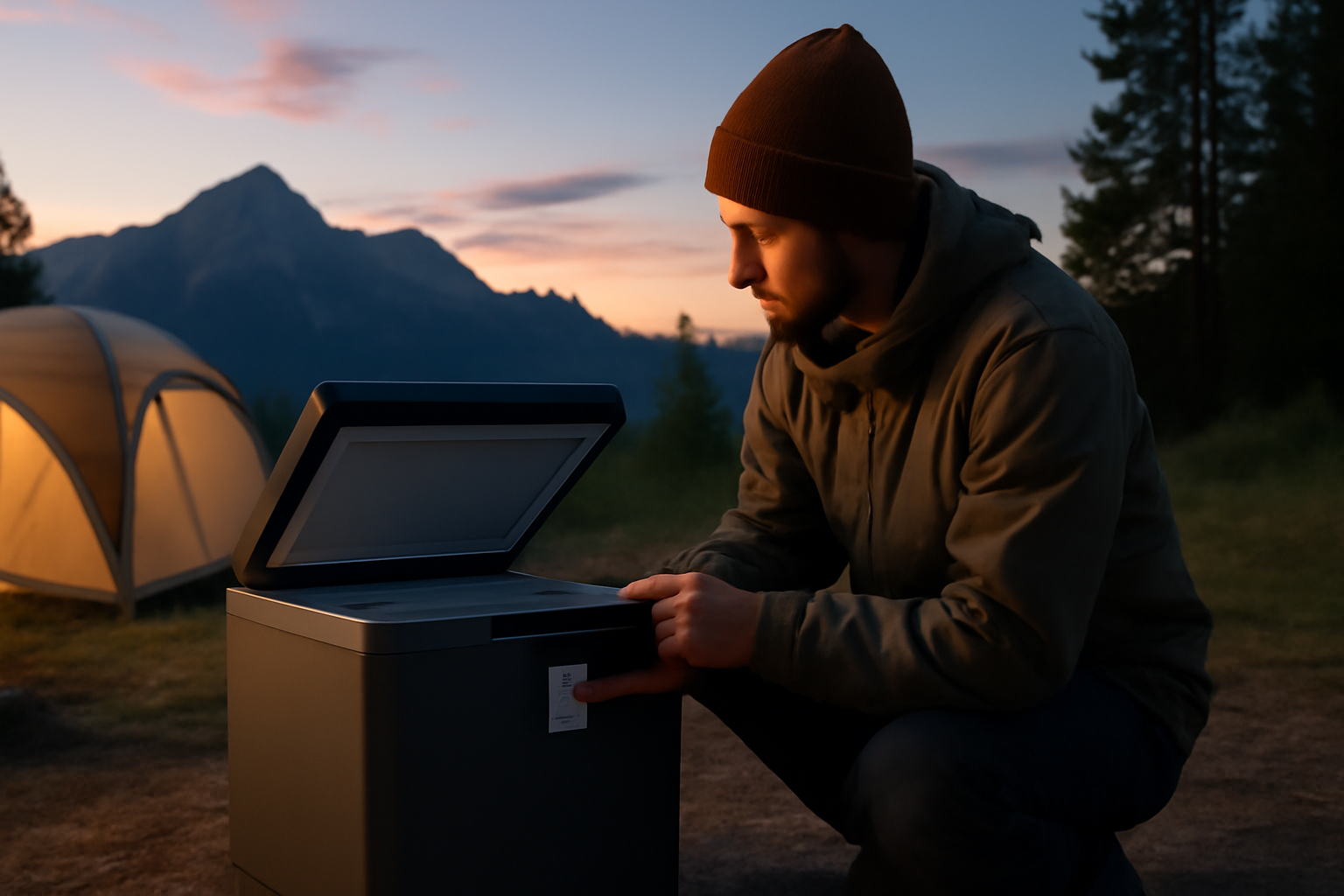 エレキャン：夕暮れのキャンプ場で仕様を確認するキャンパーの情景。購入前チェックの雰囲気を伝える画