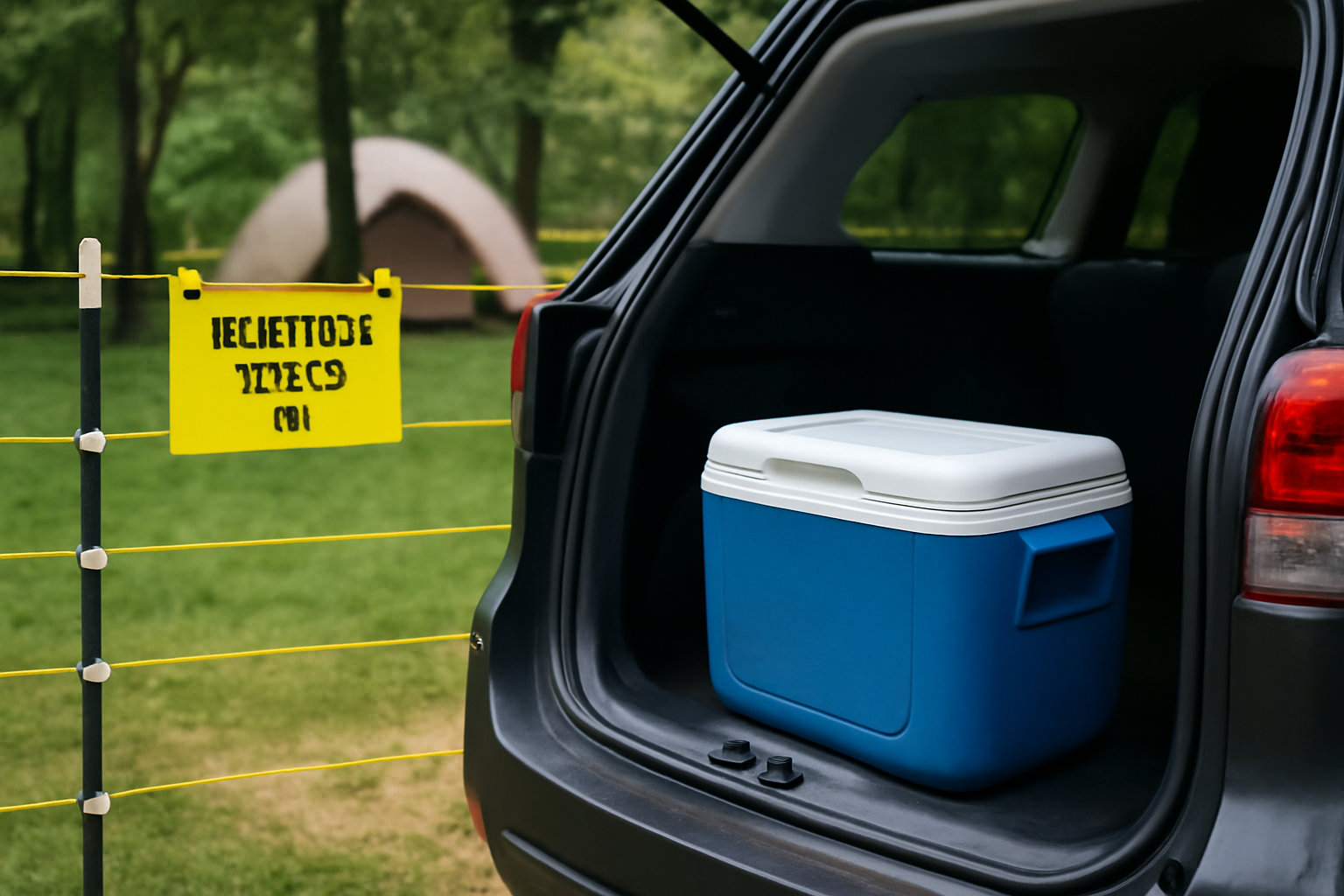 キャンプ場の電気柵とクーラーボックスを車内に保管する様子のイメージ写真。