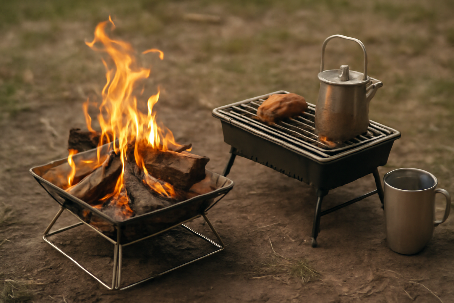 焚き火台と小型グリル、湯煎で熱燗を作るギアのイメージ
