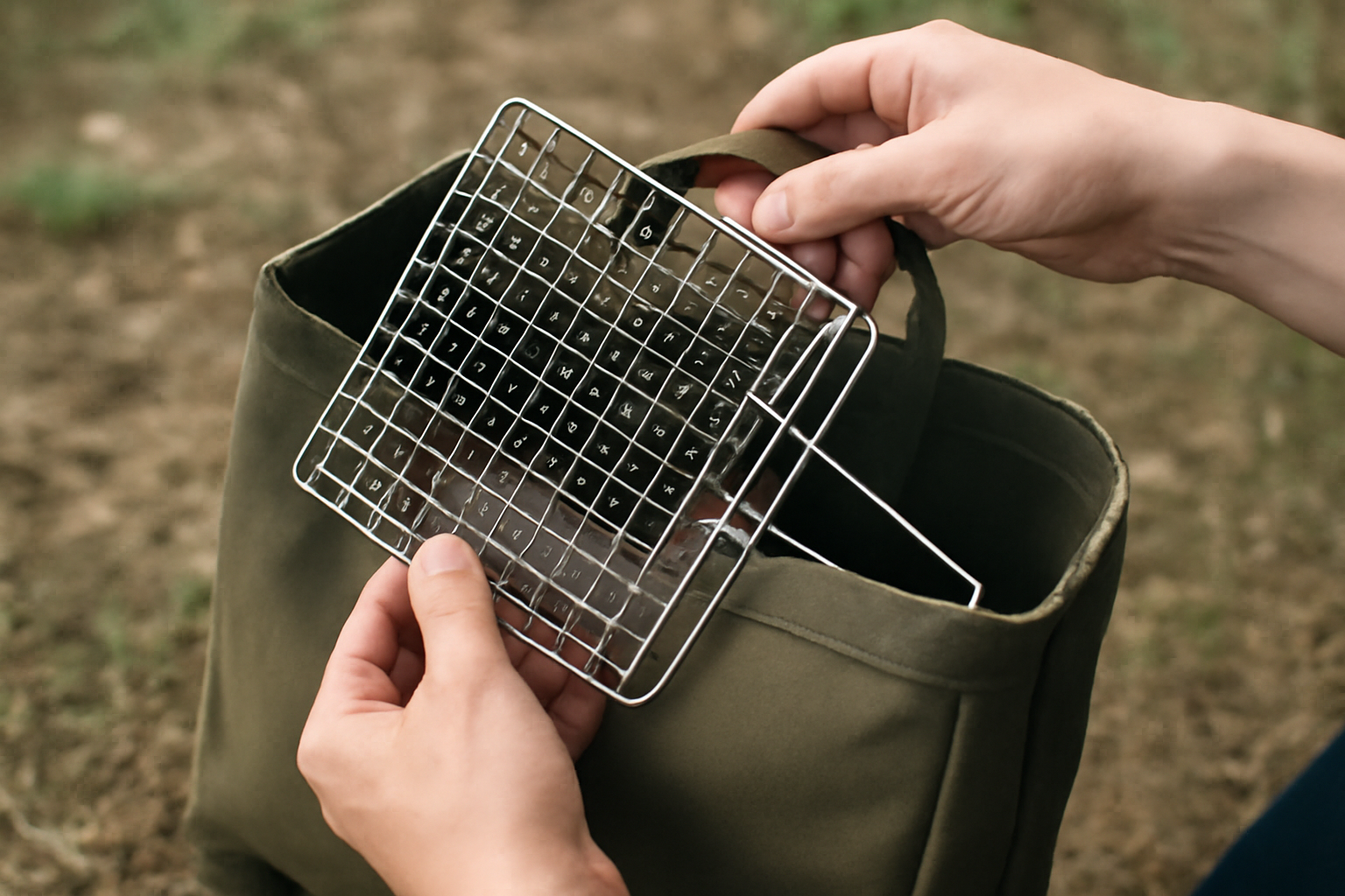 コンパクトな焼き網をバッグに収める手元の写真