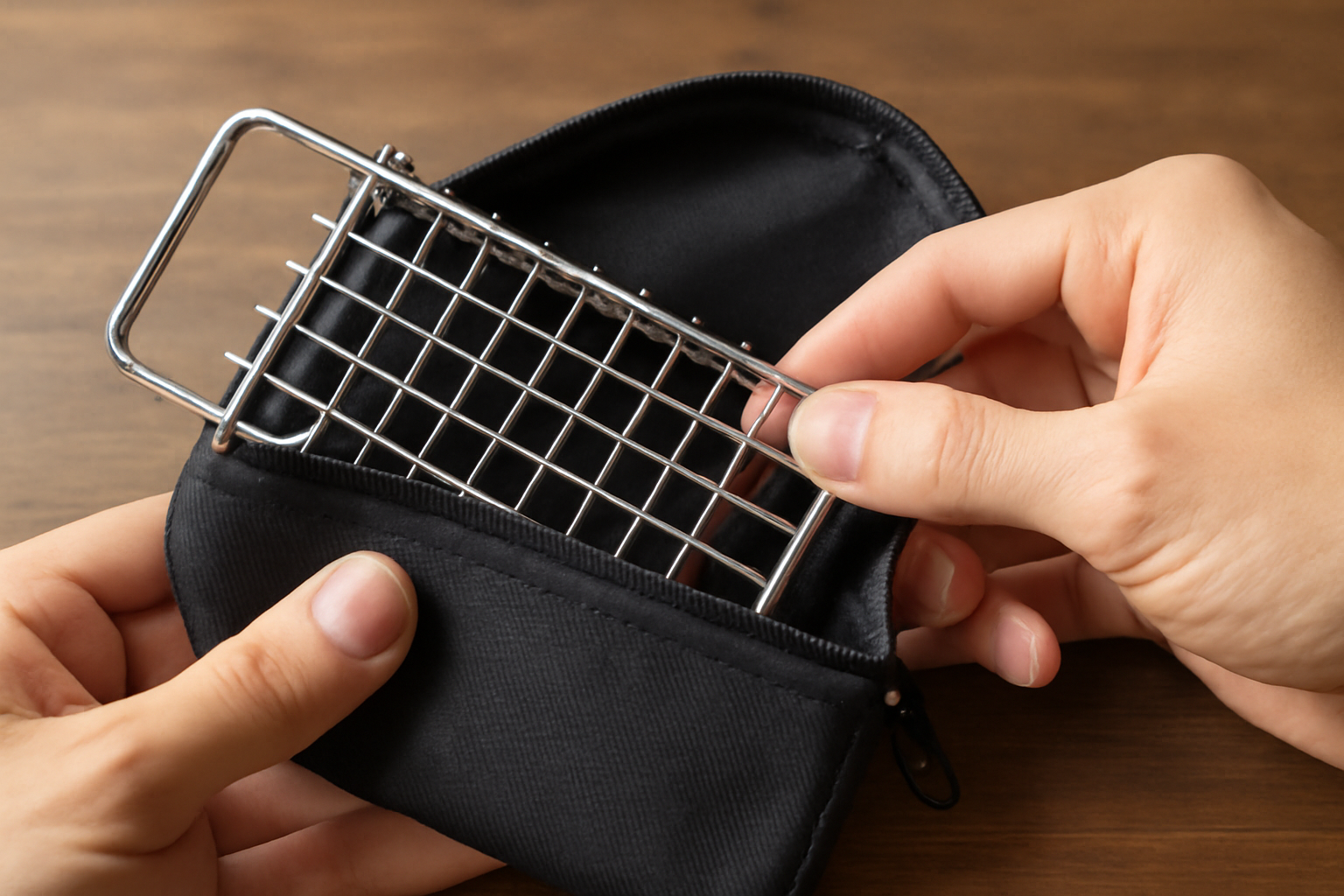 小型の焼き網を収納バッグに入れている写真、コンパクトさを強調