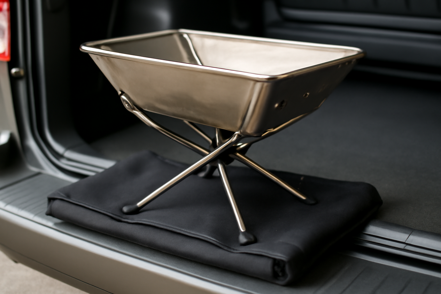 焚き火台の脚部と収納のクローズアップ。車載イメージを想起させる写真。