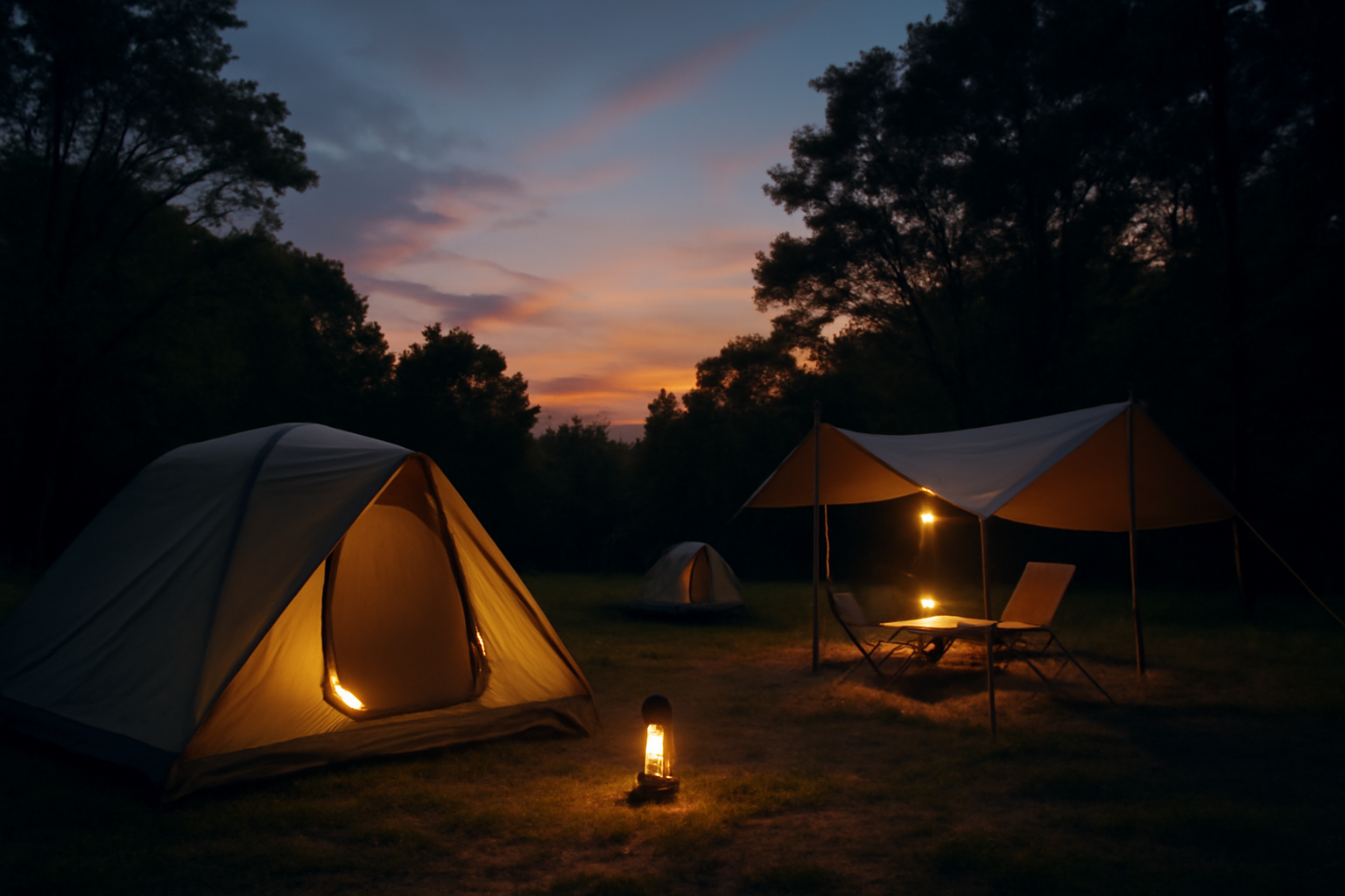 SC1マルチで試した後に次の行動を促すエディターノートの情景、夕暮れのキャンプ場で温かい光が差す、ワイド